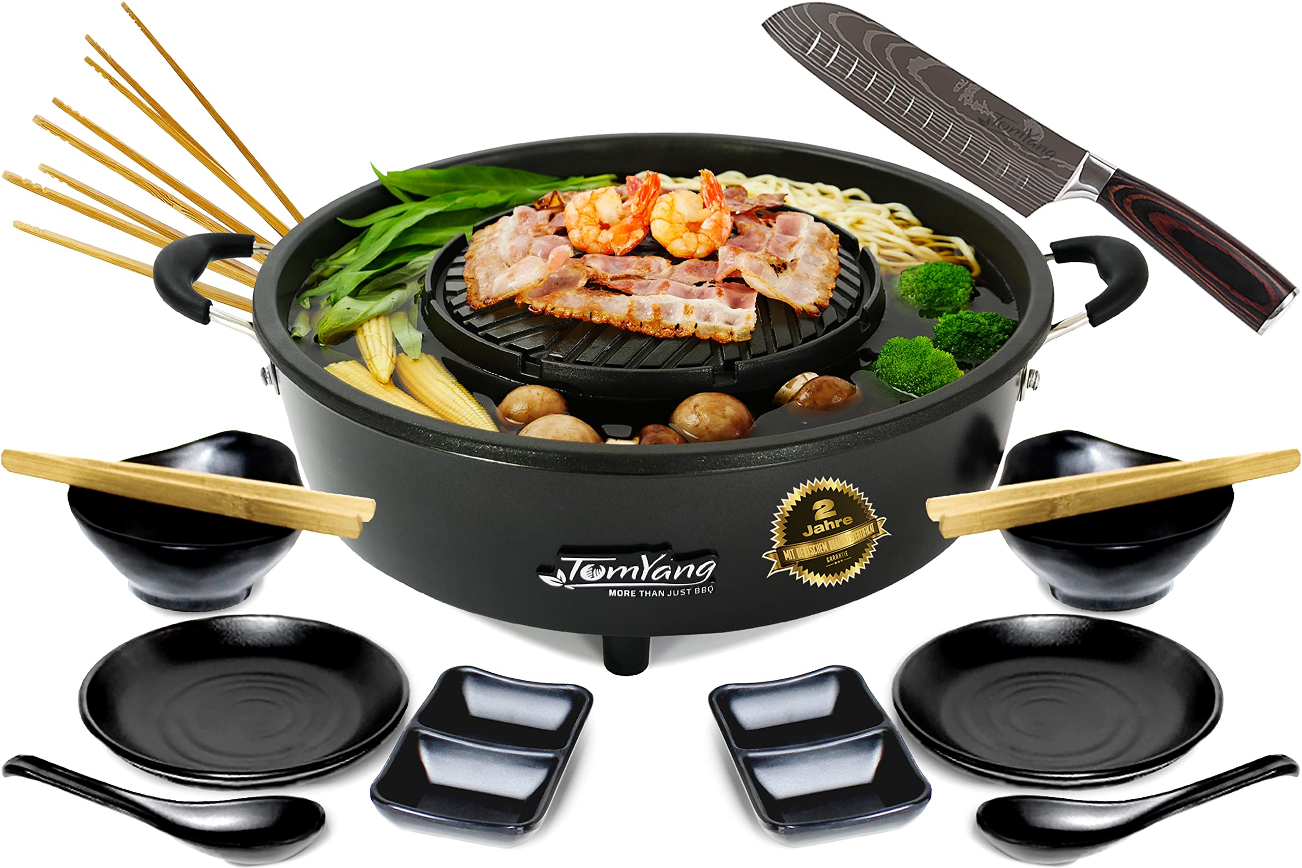 Premium TomYang Hot Pot Set for 2 with Santoku Knife - Original Thai Grill & Hot Pot Combo, Swiss Non-Stick Coating - Perfect for Korean BBQ, Mookata & Family Dining at Home