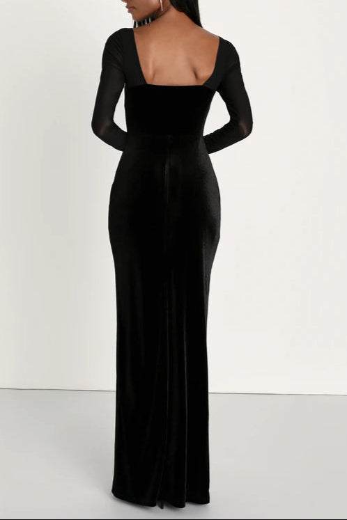 Elegant Black Velvet Mesh Long Sleeve Maxi Dress for Women - Perfect for Evening Parties, Weddings & Special Occasions