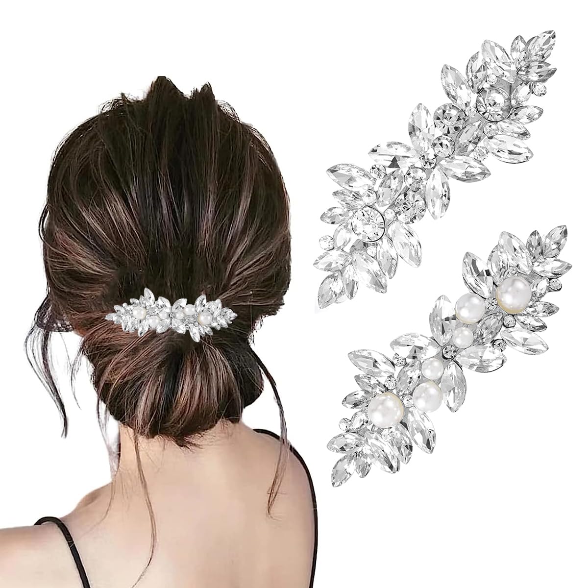 MAYCREATE® 2Pcs Rhinestone Hair Clips for Women - Elegant Crystal Pearl Barrettes, Silver French Hairpin Floral Hair Accessories for Bridal, Wedding, Party & Everyday Use | Perfect for Special Occasions, Date Nights and Formal Events
