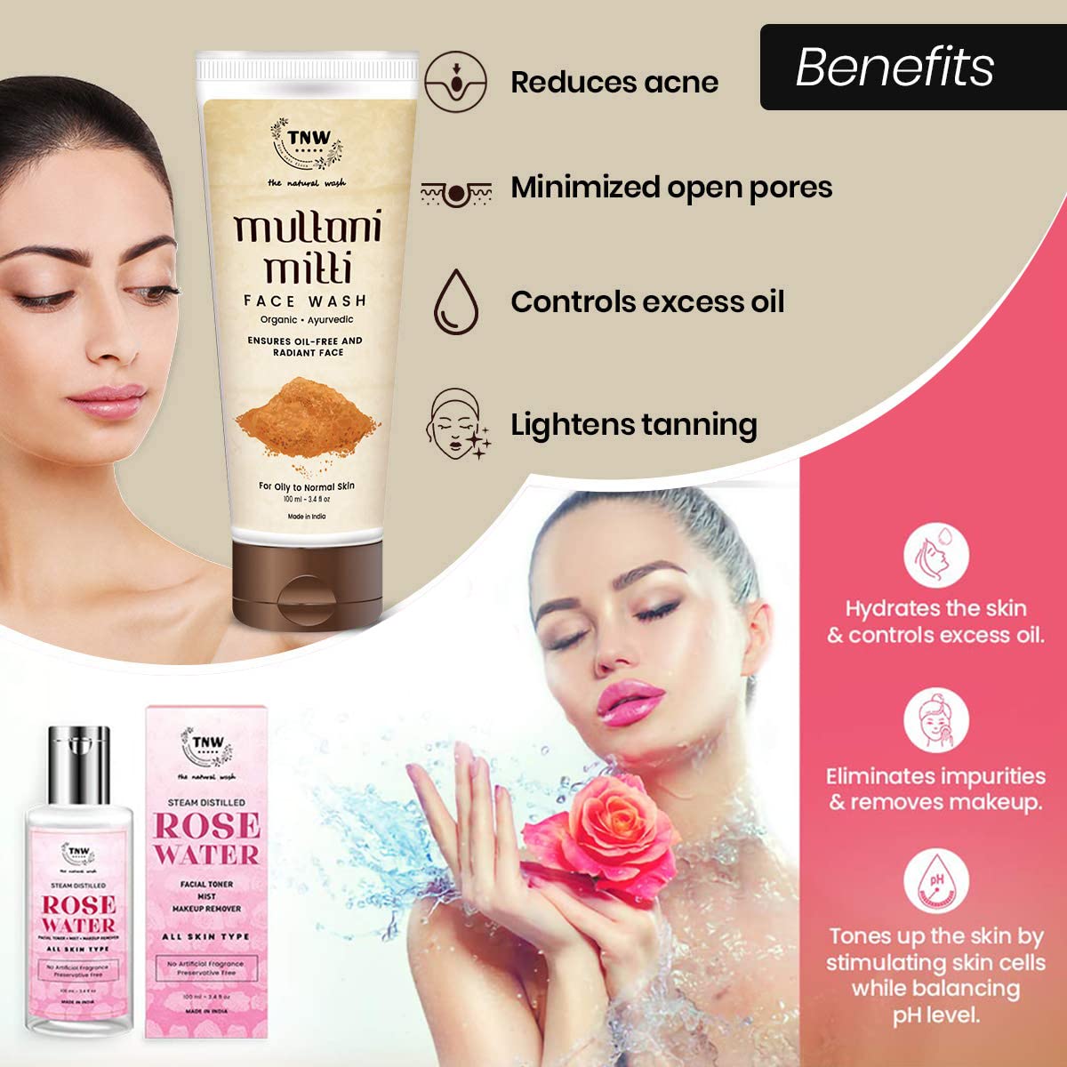 TNW-The Natural Wash Multani Mitti Clay Face Wash (100ml) & Steam Distilled Rose Water (100ml) | Gentle Cleansing & Hydrating Combo for All Skin Types | Perfect for Daily Skincare, Makeup Removal & Glowing Skin