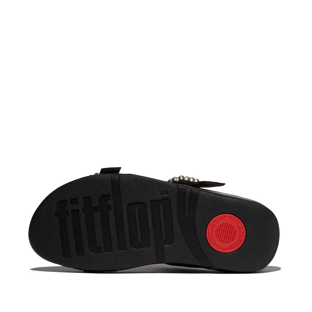 FitFlop Lulu Crystal Buckle Leather Slide Sandals for Women - All Black Comfortable Summer Shoes for Beach, Pool & Casual Wear