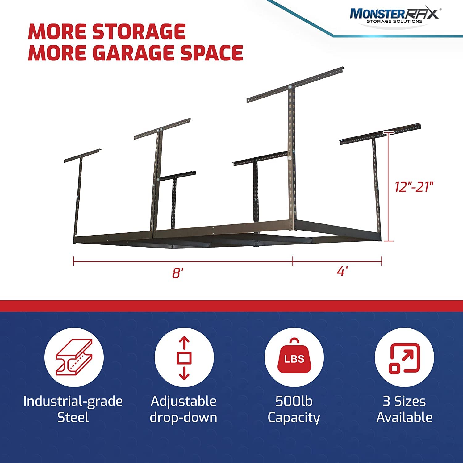 MonsterRax 4x8 Overhead Storage Rack Frame Kit - Heavy Duty Ceiling Mounted Garage Shelving System, Hanging Storage Shelves for Garage Organization (White, 12-21 Inch) - Perfect for Storing Seasonal Items, Sports Equipment & Home Supplies