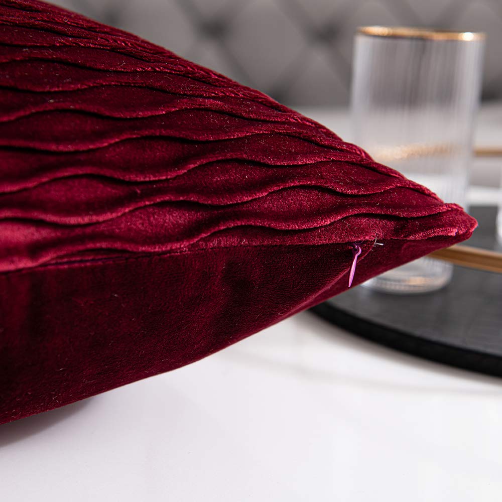 DEZENE 2 Pack 20x20 Inch Burgundy Striped Velvet Square Throw Pillow Covers - Decorative Farmhouse Couch Pillow Cases for Living Room, Bedroom & Sofa Decor