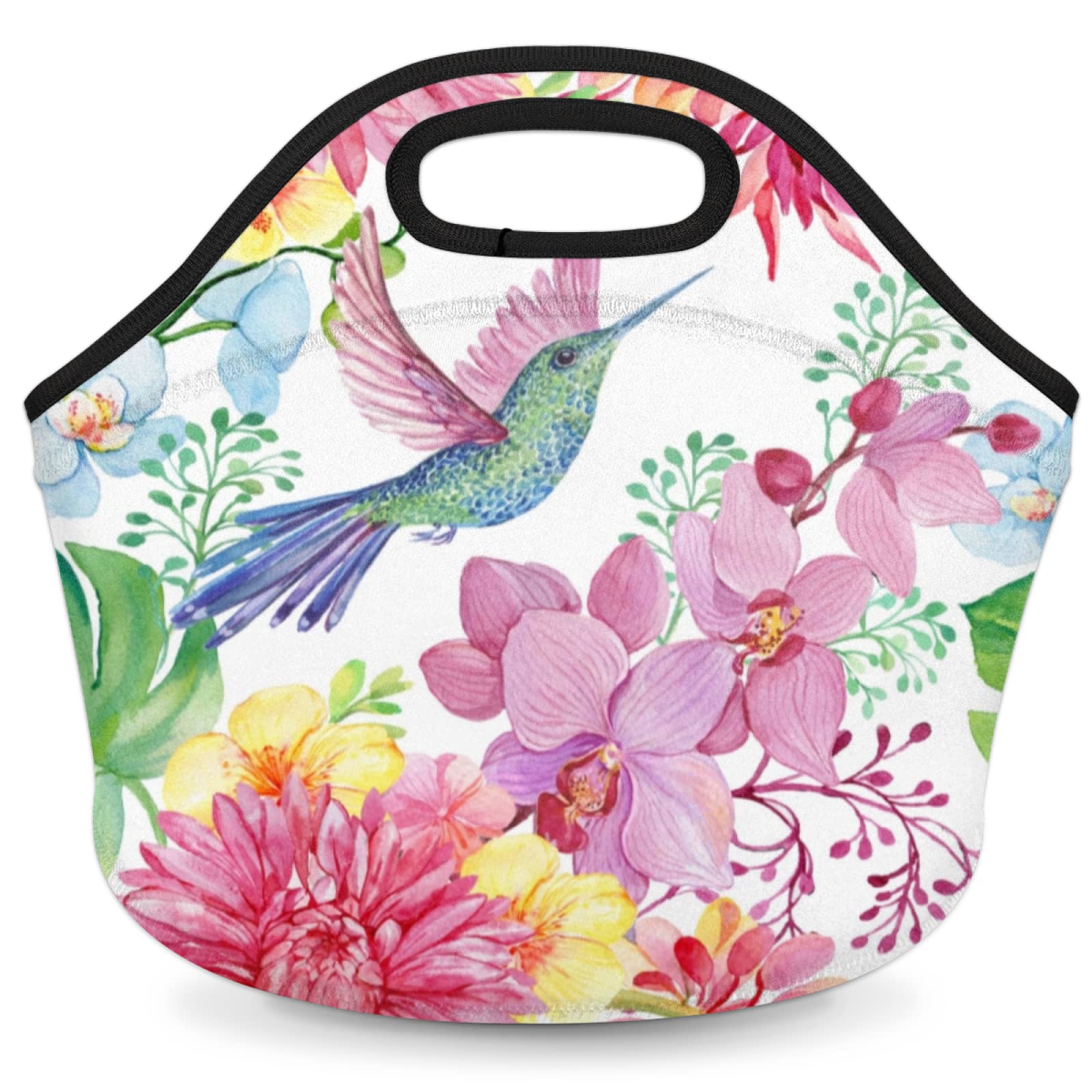 Insulated Neoprene Lunch Bag with Hummingbird & Orchid Design - Soft Cooler & Warm Tote for Women, Men, Teens - Perfect for School, Work, Picnics & Outdoor Activities