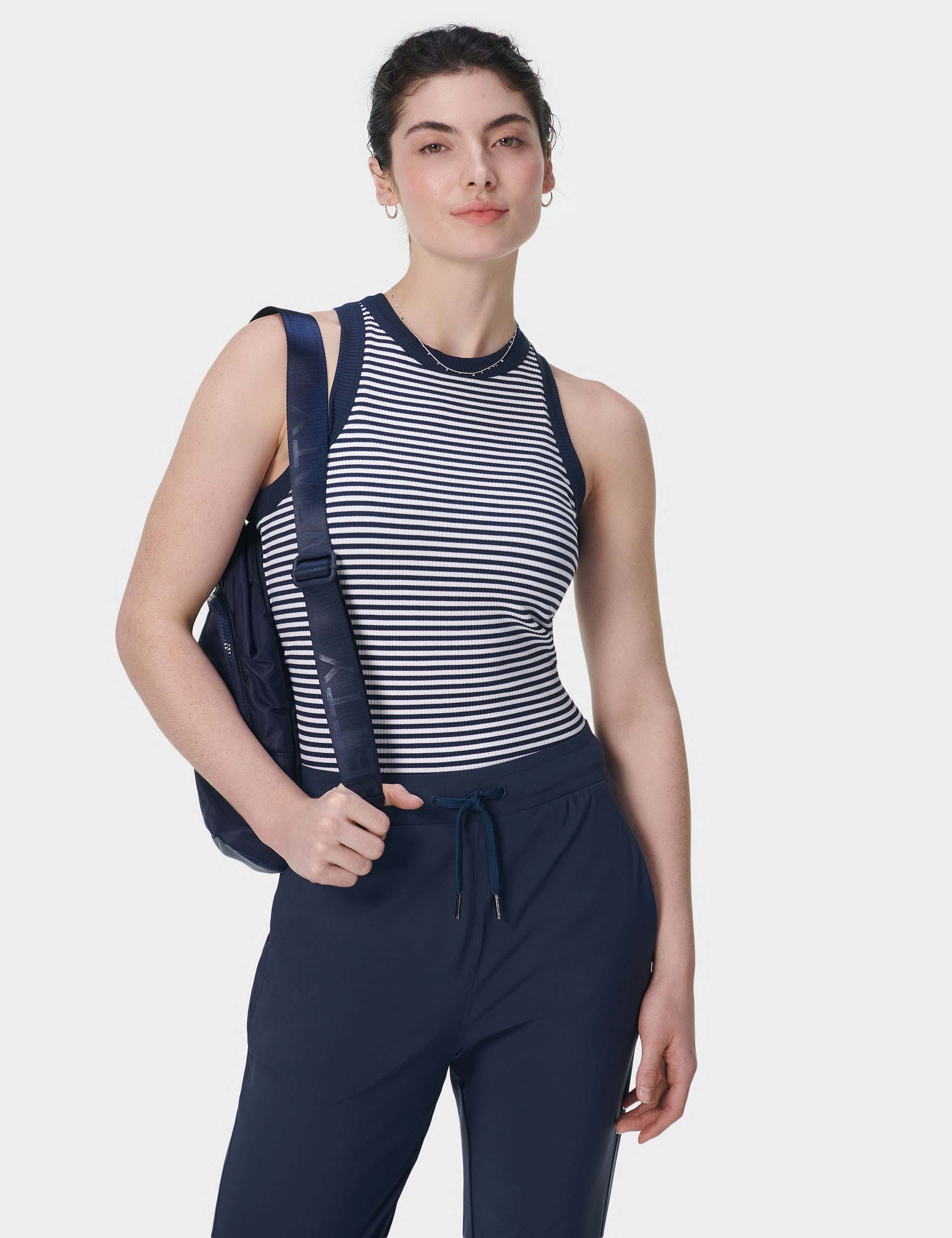 Harper Racer Vest for Women - Navy & White Striped Sleeveless Top - Perfect for Gym, Running, Yoga and Casual Wear