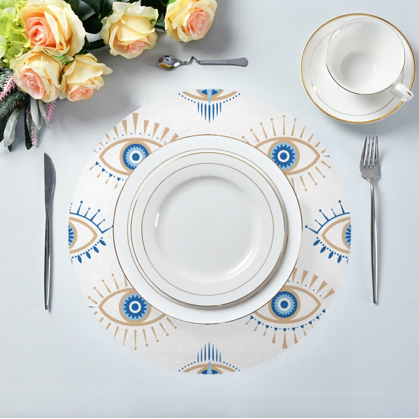 Xigua Set of 6 Round Heat-Resistant Placemats for Dining Table - Washable & Stain-Resistant Kitchen Table Mats with Evil Eye Design | Perfect for Everyday Meals, Dinner Parties & Home Decor
