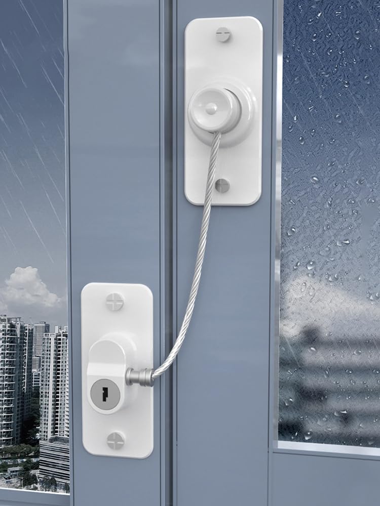 SHASUXTING 4Pcs Self-Adhesive Window Safety Locks - Childproof Security Window Restrictor with Screws & Key - Prevent Kids Falling - Durable Home Safety for Windows, Doors, Sliding Glass (Ideal for Baby Proofing & Pet Safety)