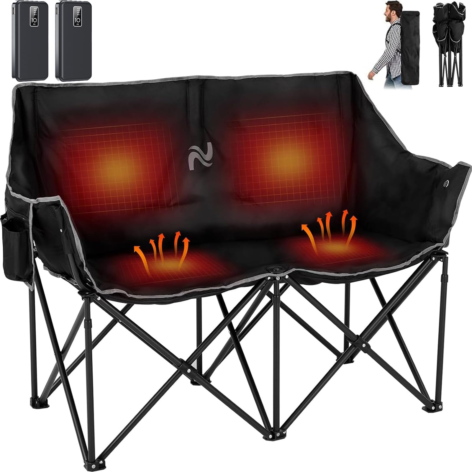 Slsy Oversized Heated Double Camping Chair for Couples - 2 Person Folding Loveseat with Padded Seat & Backrest - Portable Outdoor Bench for Camping, Picnics, Beach & Backyard - Includes Carrying Bag