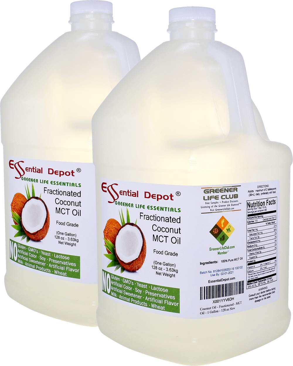 Premium Fractionated Coconut MCT Oil - Food Grade, 2 Gallons (256 oz) - 2 x 1 Gallon Containers - Ideal for Keto Cooking, Coffee Creamer & Skin Care