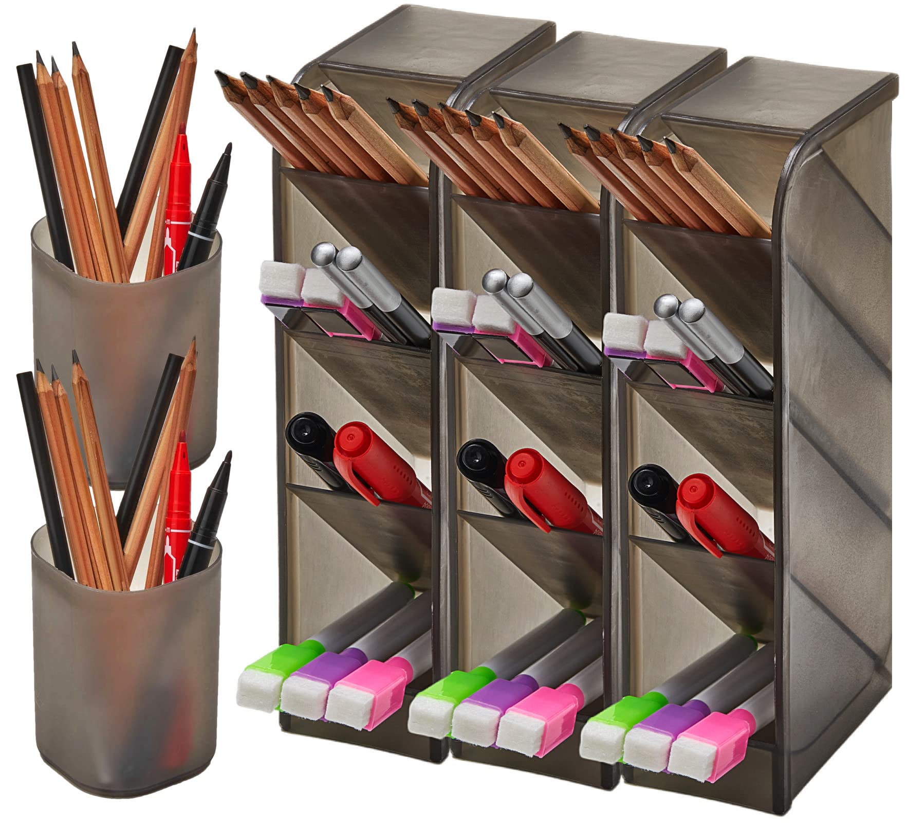 5-Piece Desk Organizer Set with 14 Compartments - Translucent Black Pen Holder, Pencil Cup & Stationery Storage for Office, School & Art Supplies | Perfect for Organizing Markers, Scissors & Office Accessories on Work Desk or Study Table