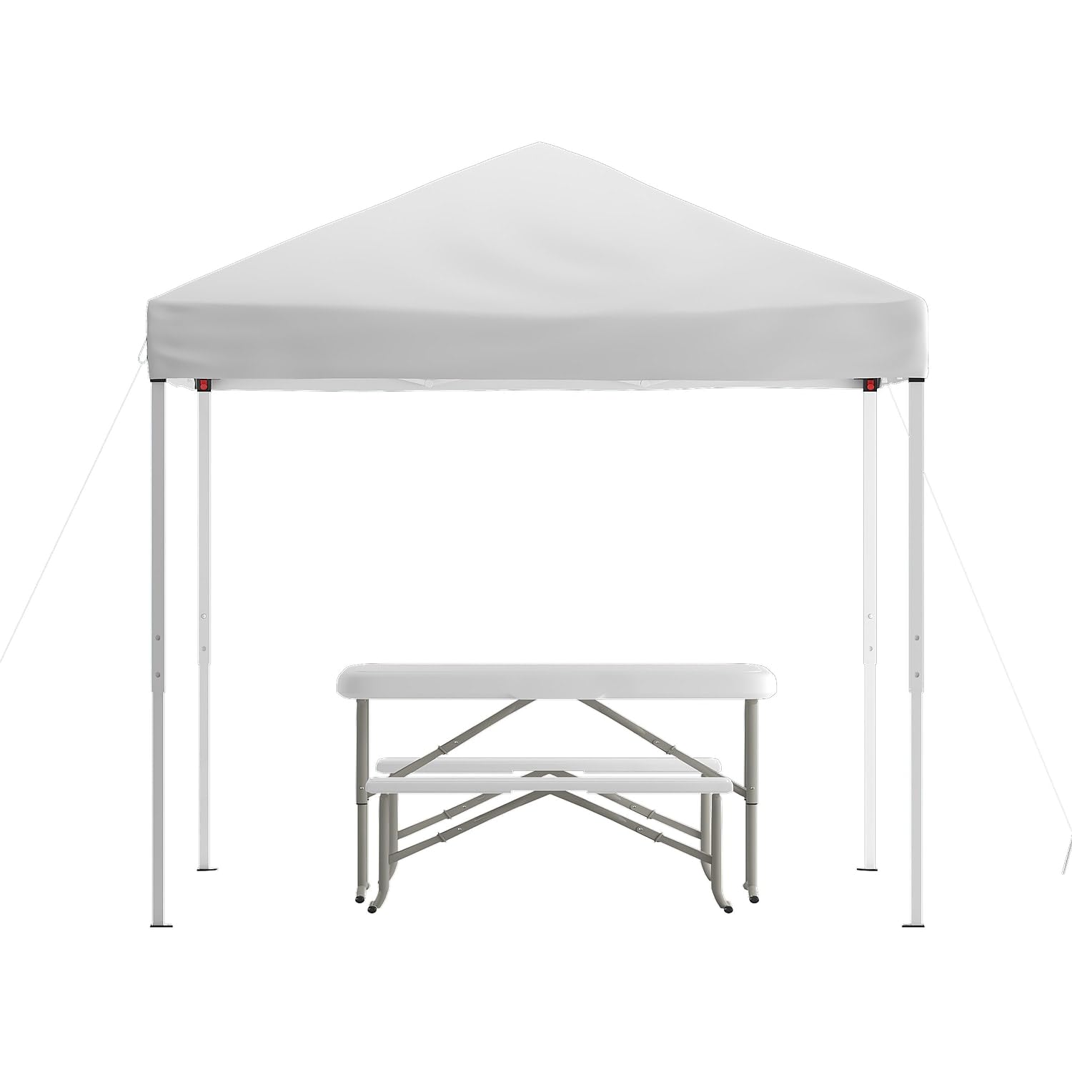 Flash Furniture Kramer 8'x8' White Pop Up Canopy Tent with Carry Bag & Folding Bench Set - Portable Event Shelter for Tailgating, Camping, Beach Parties, Outdoor Weddings & Picnics