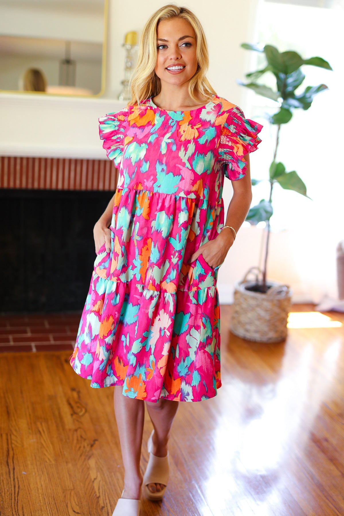 Look of Love Fuchsia Abstract Floral Print Smocked Ruffle Sleeve Dress - Elegant Women's Party & Wedding Guest Dress for Special Occasions