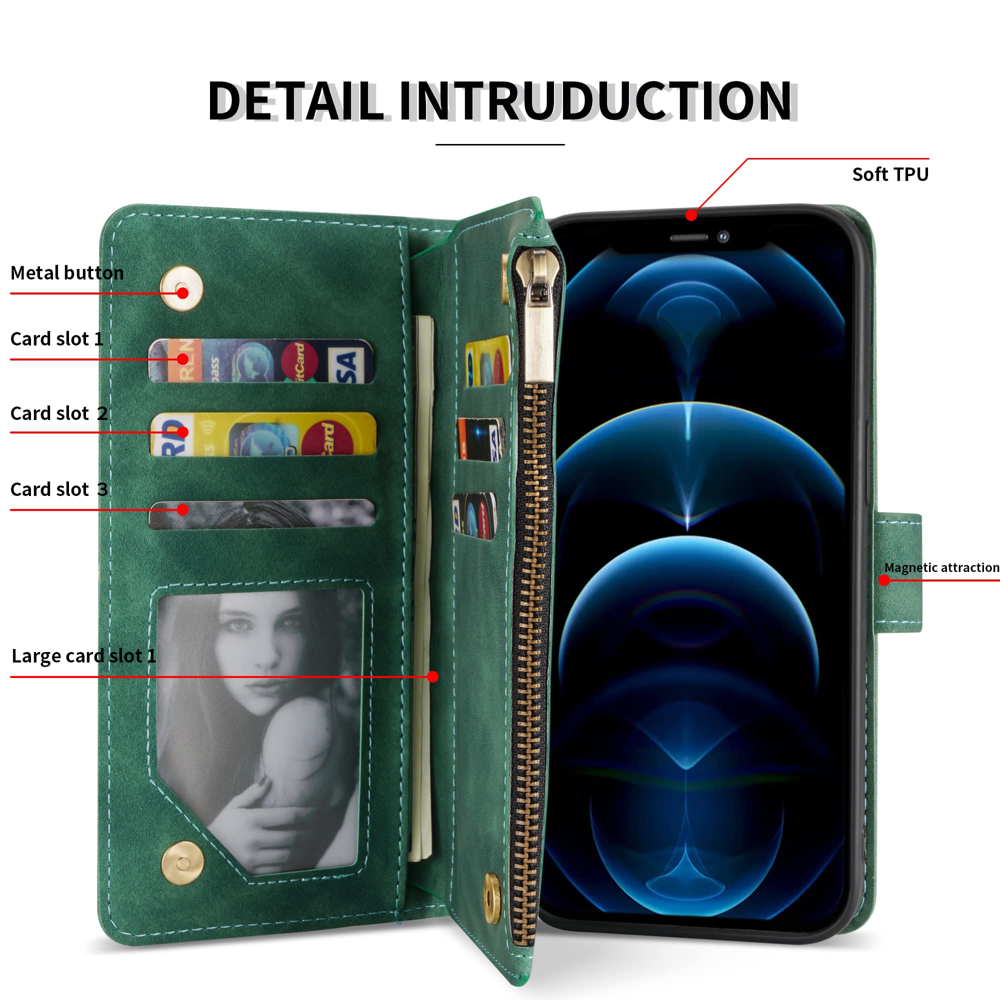 Premium Soft PU Leather Zipper Flip Folio Wallet Case for iPhone 12 Pro Max (6.7 inch) - Card Slots, Wrist Strap & Kickstand | Slim Protective Cover for Daily Use, Travel & Business (Green)