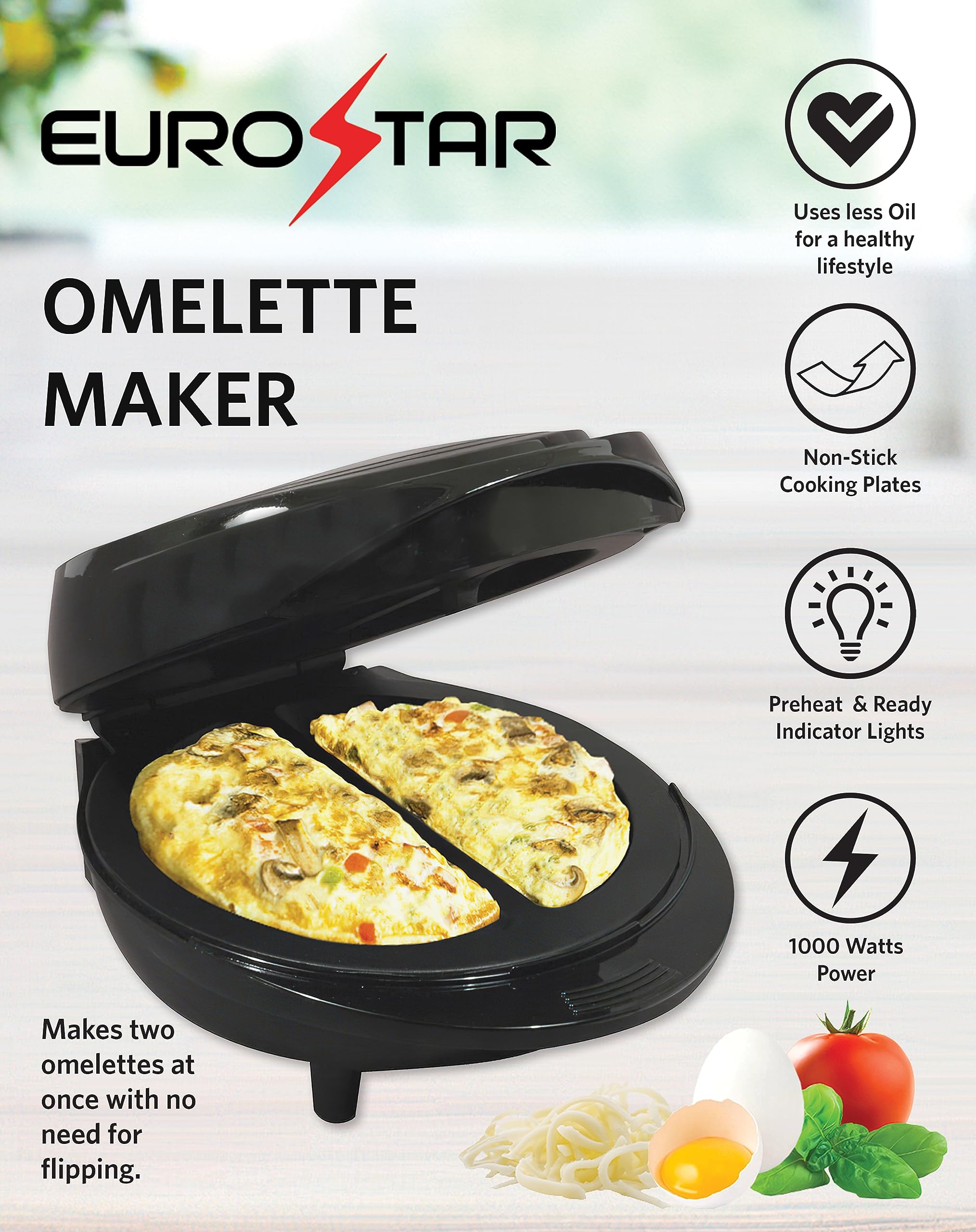 Non-Stick Electric Omelette Maker - Fast & Easy Breakfast Omelet Cooker with Lid - Perfect for Home, Office & Dorm Use (Black)