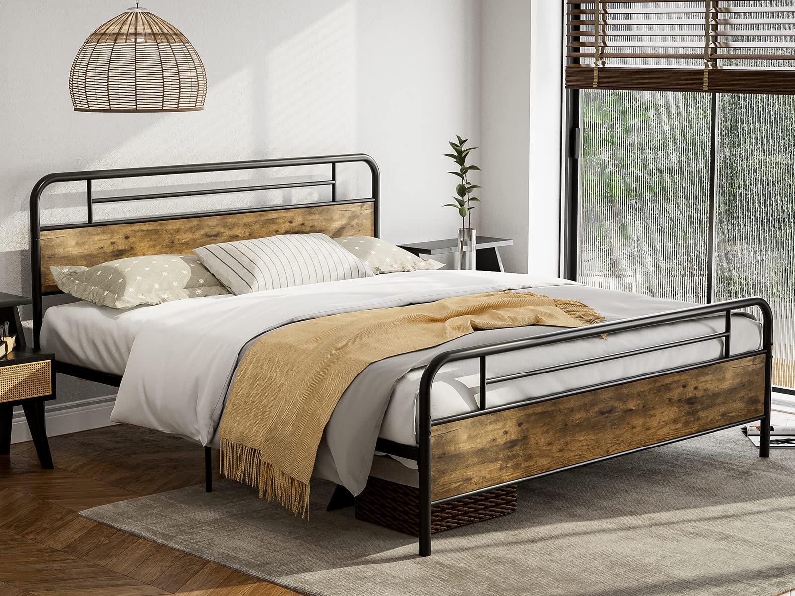 IKIFLY California King Bed Frame with Wood Headboard & Footboard - Farmhouse Style Metal Platform Bed with Heavy Duty Steel Slats, 12