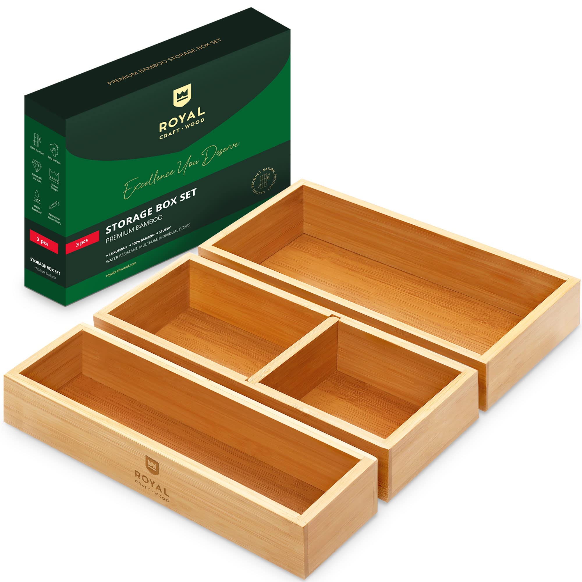 Premium Bamboo Drawer Organizer Set - 3-Piece Storage Box for Kitchen, Bathroom, Office & Jewelry | Multi-Use Drawer Dividers for Utensils, Makeup & Accessories | Eco-Friendly Home Organization Solution