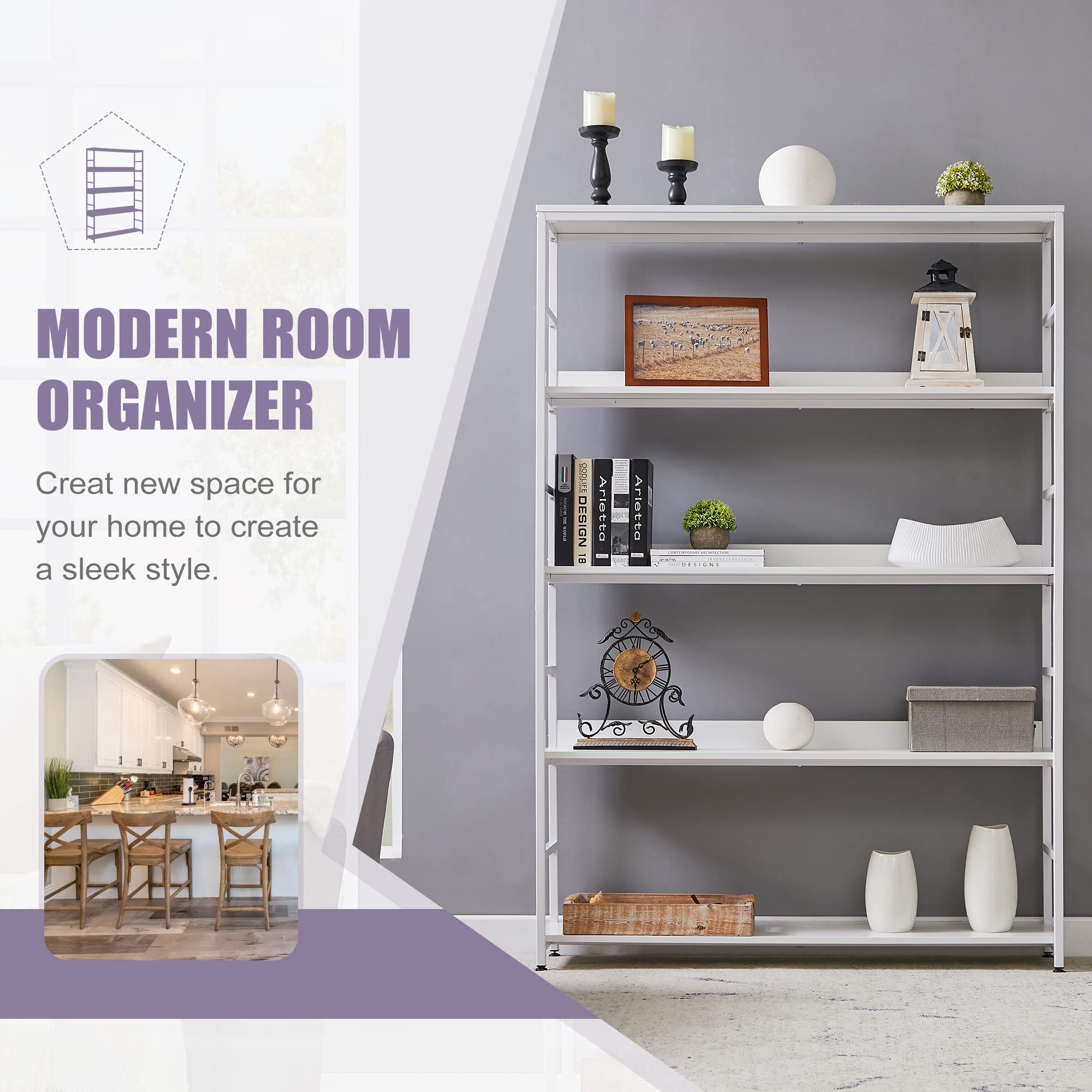 Merax 5-Tier Bookcase - 68.9 Inch Tall Open Bookshelf with Metal Frame for Home Office, Living Room & Bedroom Storage (White) - Perfect for Organizing Books, Decor & Essentials