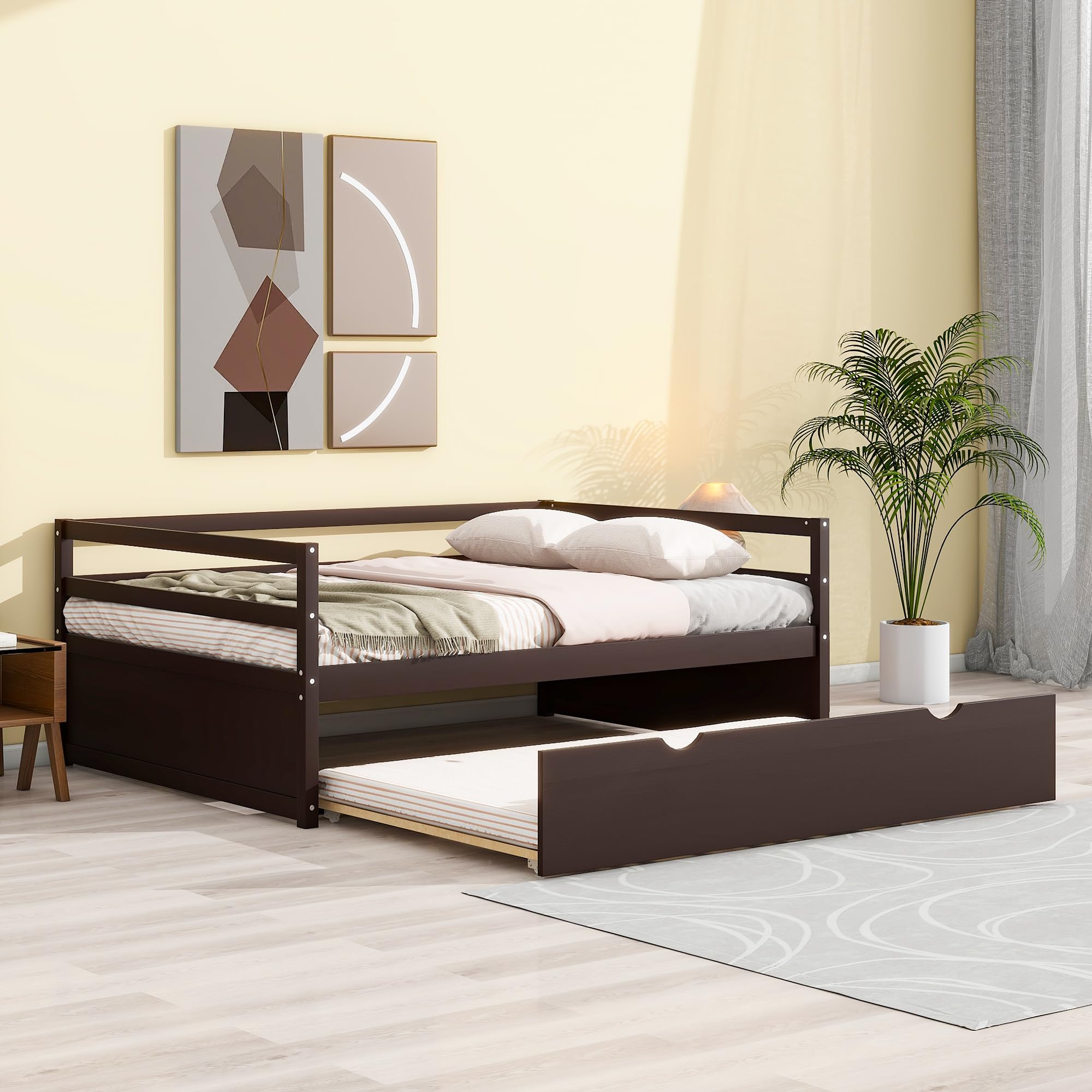 Merax Twin Size Solid Wood Daybed with Trundle - Espresso Captains Bed & Sofa Bed Frame for Guest Room, Dorm, or Small Space Living