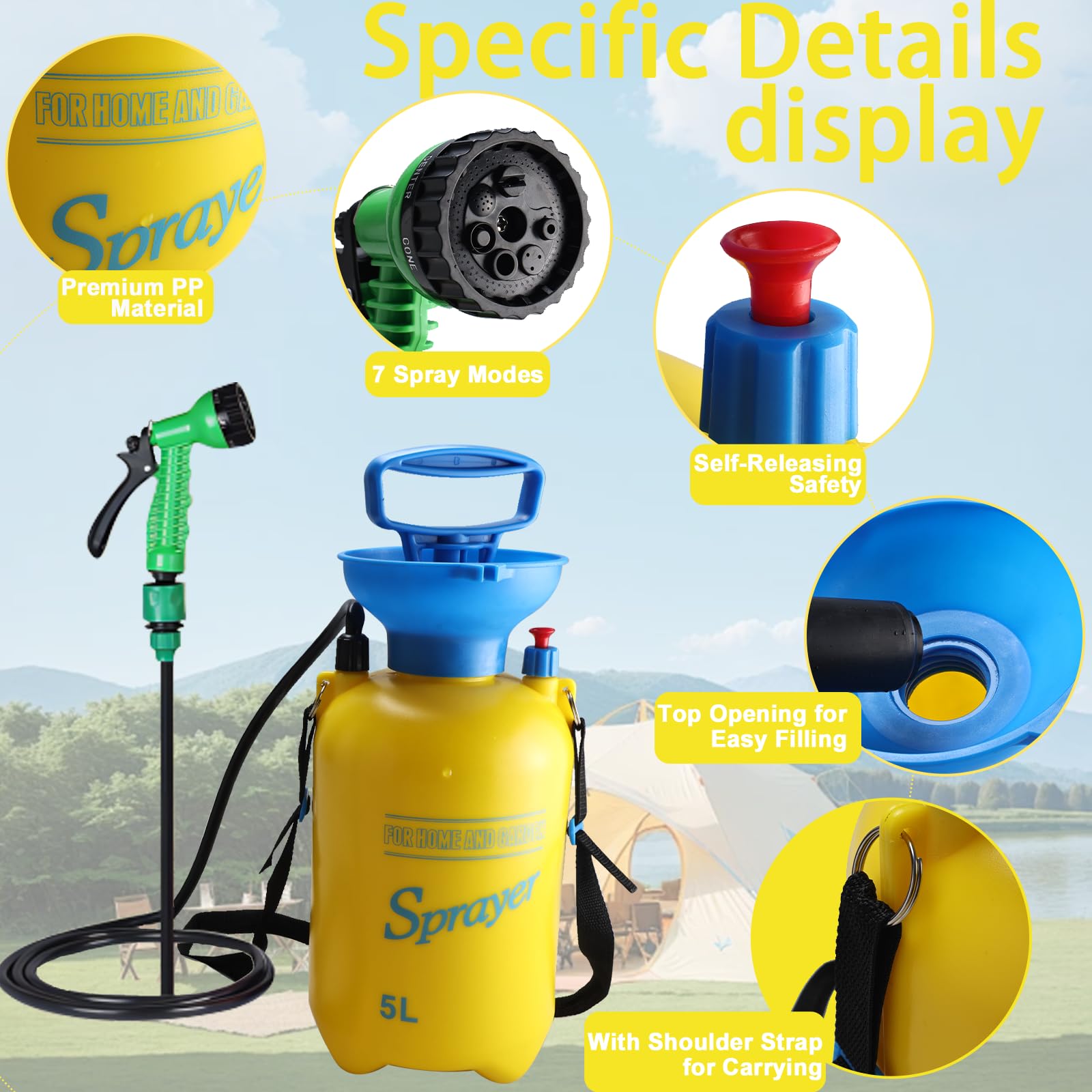 Portable Camping Shower with 7 Spray Modes - Hand Press Outdoor Shower with Removable Hose & Shower Head - Pressure Rinse Kit for Hiking, Travel, Beach, Garden & Pet Washing - Perfect for RV Trips, Backpacking & Outdoor Adventures