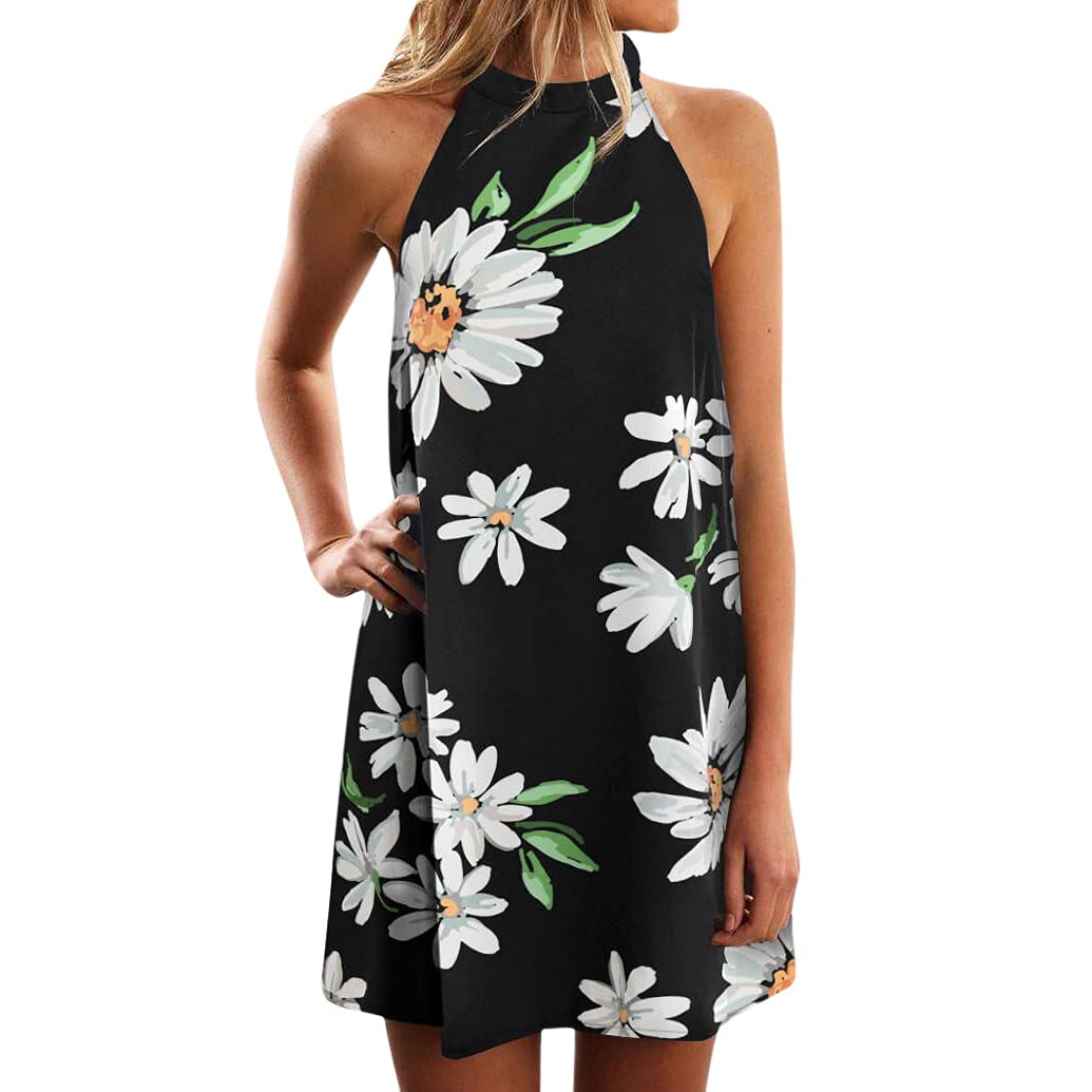 Women's Floral Sunflower Print Sleeveless Halter Midi Dress - Summer Strappy Casual Mini Dress for Beach Vacation, Party & Date Night