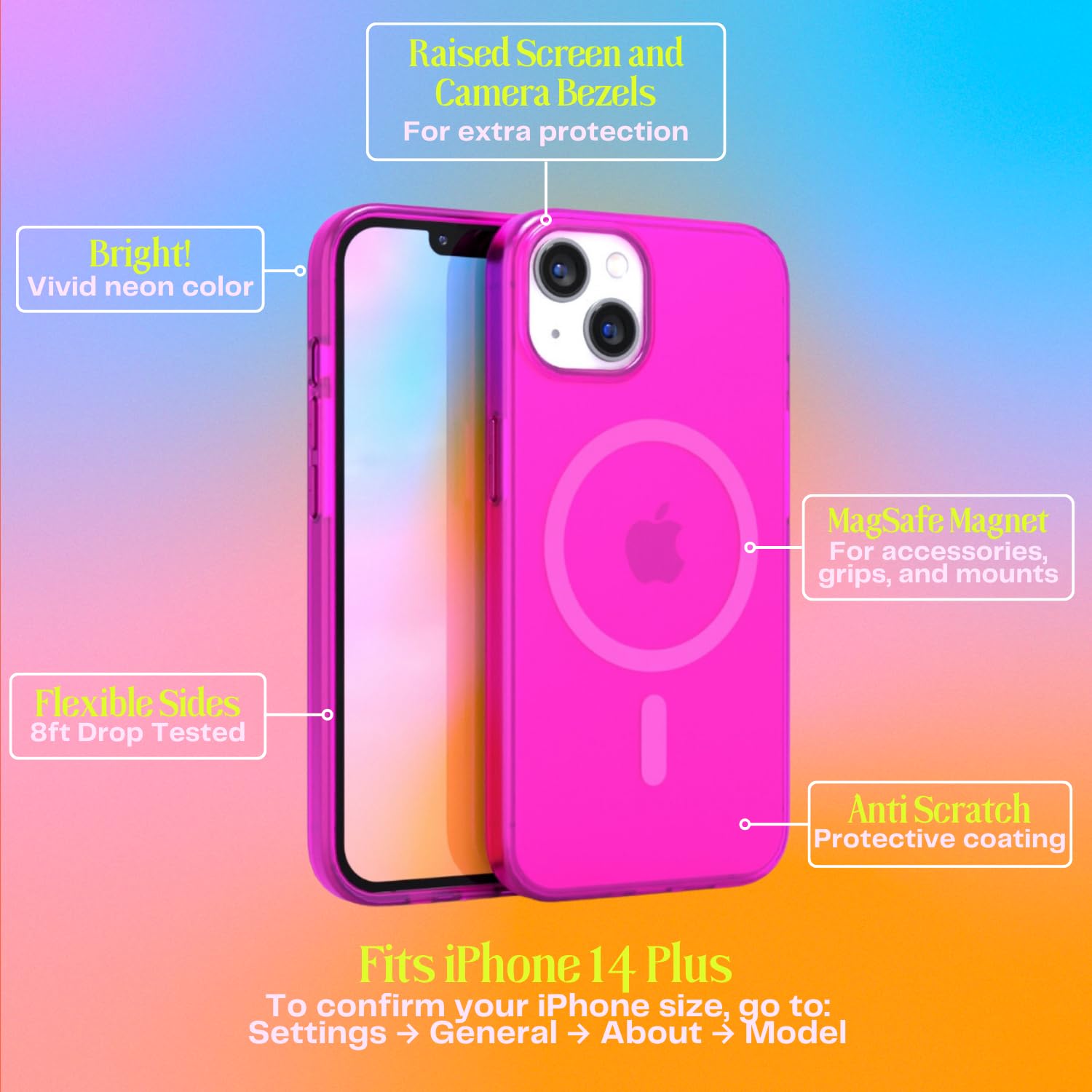 Shockproof MagSafe Compatible iPhone 14 Plus Case - Neon Pink Crystal Clear Protective Cover with 360° Protection | Perfect for Everyday Use, Travel & Outdoor Activities