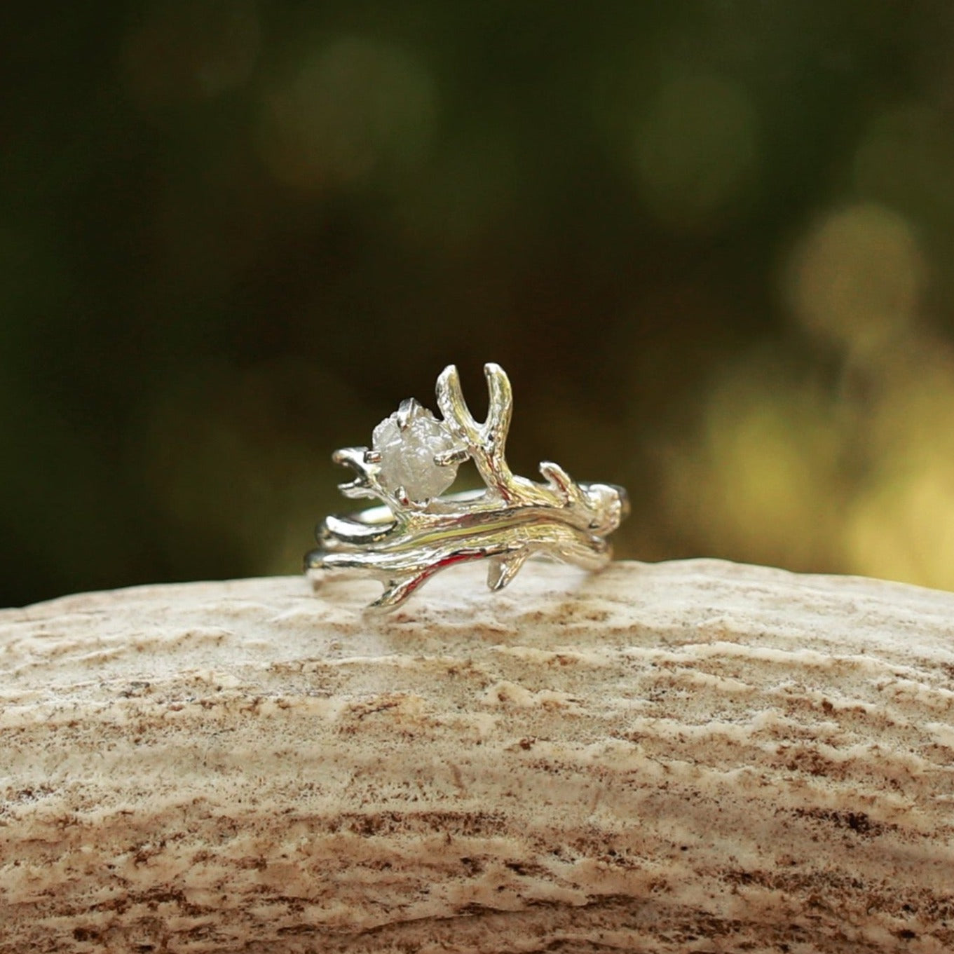 2 Sets Sterling Silver Twig Antler Engagement Rings with Raw Diamonds - Elegant Wedding Bands for Nature-Inspired Bridal Jewelry & Romantic Proposals