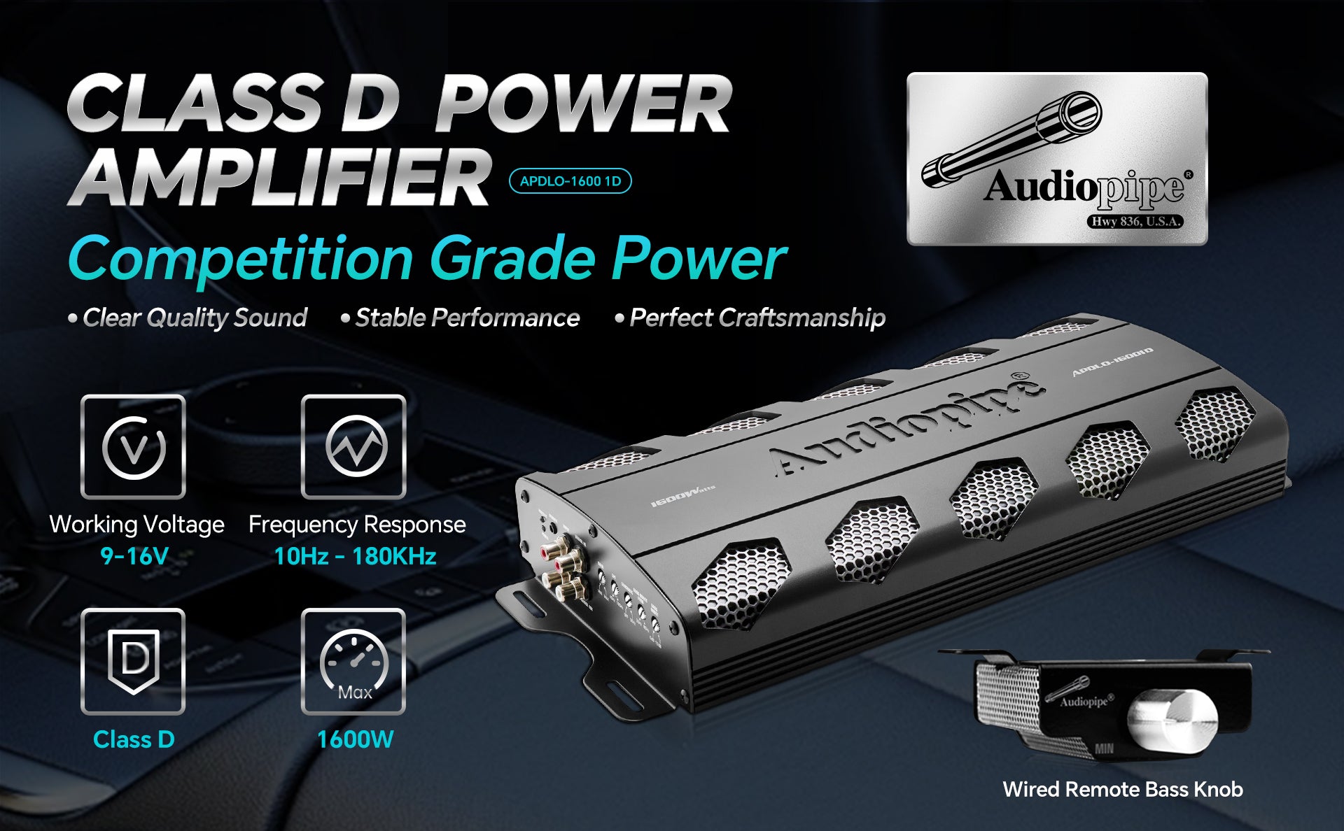 APDLO 16001D Class D Mono Mosfet Power Amplifier - 2000W High Power Car Audio Amp for Subwoofers | Professional Bass Boost & Clear Sound | Perfect for Car Audio Systems, Home Theater & DJ Equipment