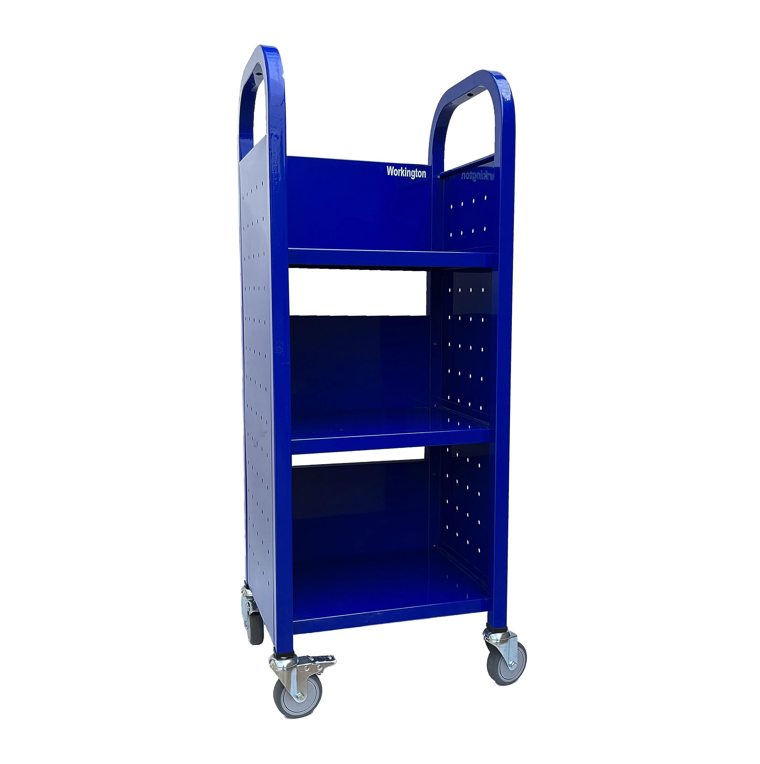 Heavy Duty Workington Single Bank Rolling Book Truck with 3 Flat Shelves - Mobile Library Book Cart with Swivel Locking Casters 3000 Blue - Perfect for Libraries, Schools, and Office Document Organization