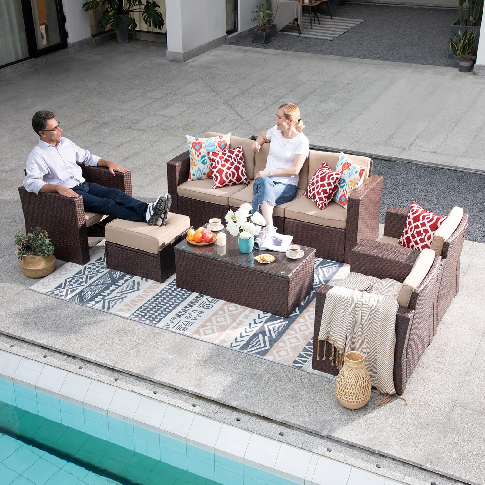 Super Patio 8-Piece Outdoor Furniture Set - All-Weather PE Wicker Sectional Sofa with Ottoman, Tempered Glass Coffee Table & 3 Red Pillows (Espresso Brown) - Perfect for Backyard, Garden, and Poolside Relaxation