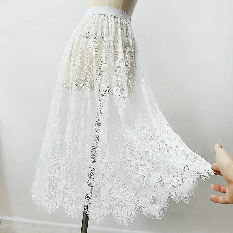 Elegant Black and White Lace High Waist Midi Skirt - Long Tulle Skirt with Elastic Waistband for Women - Perfect for Beach, Wedding, Party & Formal Occasions