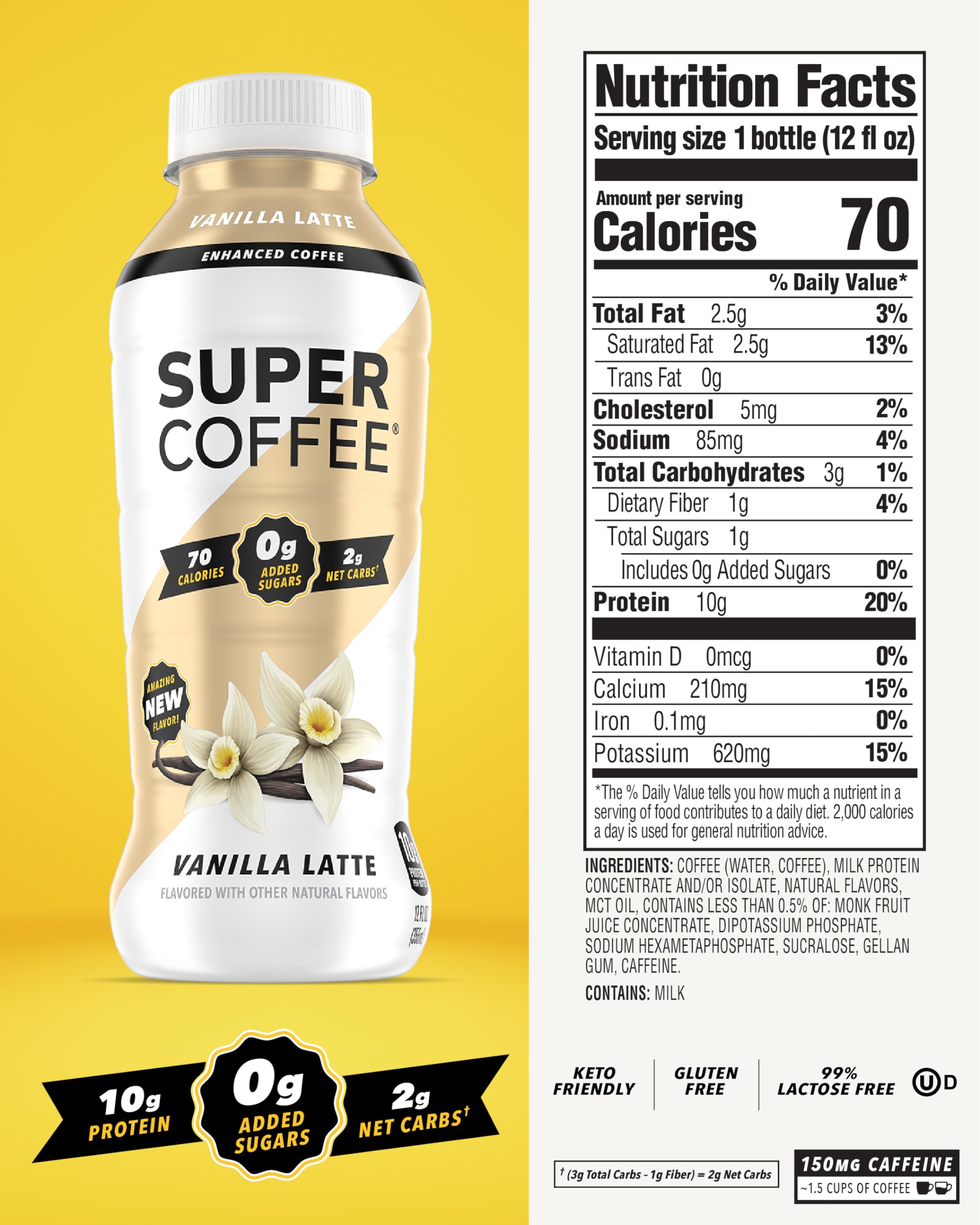 Super Coffee Ready To Drink Iced Coffee - Vanilla Latte (12oz Bottles, Pack of 12) | Low Carb, Sugar Free, Keto Friendly Protein Coffee with 10g Protein & Low Calories | Perfect for Breakfast, Office Snack or Post-Workout Energy Boost