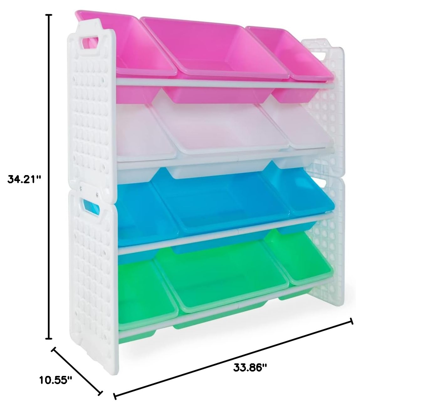 UNiPLAY 12-Bin Toy Organizer with Removable Storage Bins - Kids Book & Toy Storage for Building Blocks, School Supplies, Arts & Crafts - Sturdy Baseplate Frame (Pink) - Perfect for Playrooms, Classrooms & Daycare Centers
