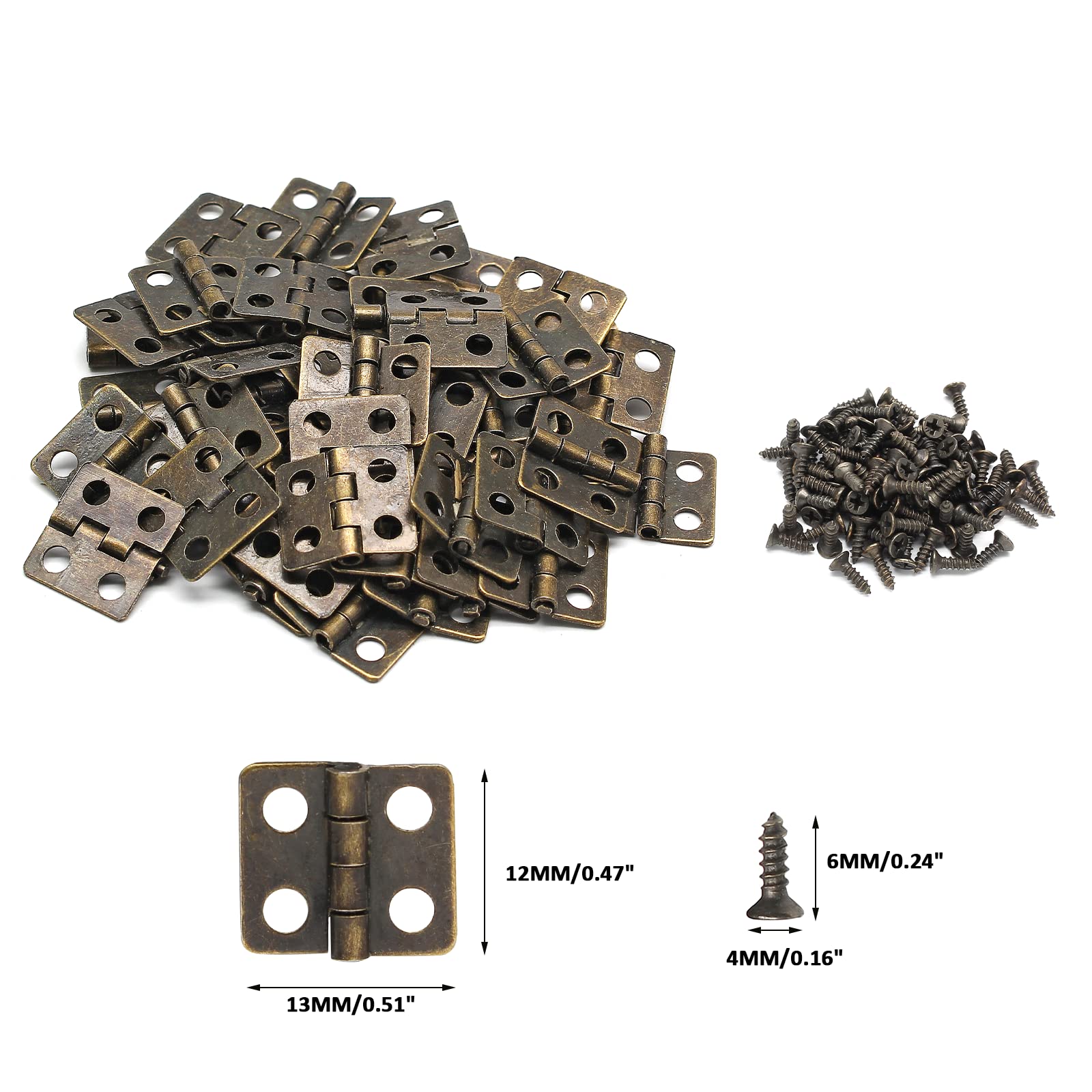 BokWin 50PCS Mini Brass Hinges for Wooden Jewelry Box - 13x12mm Antique Copper Hinges with 200 Screws - Perfect for DIY Crafts, Cabinets, Jewelry Chest & Small Wooden Box Repair