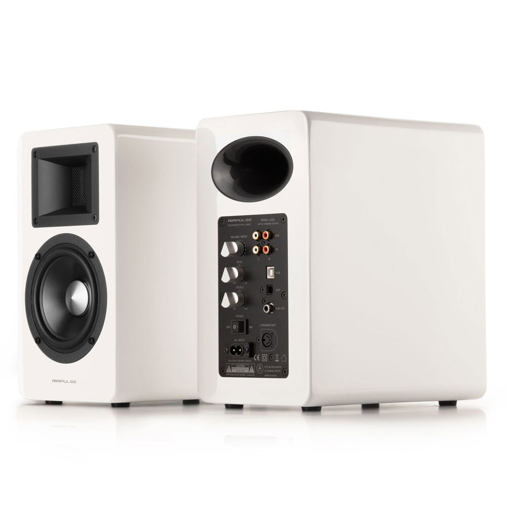 Airpulse A100 Active Wireless Bookshelf Speakers with WiiM Mini (White) - Hi-Fi Audio System for Home Theater, Gaming & Music Streaming