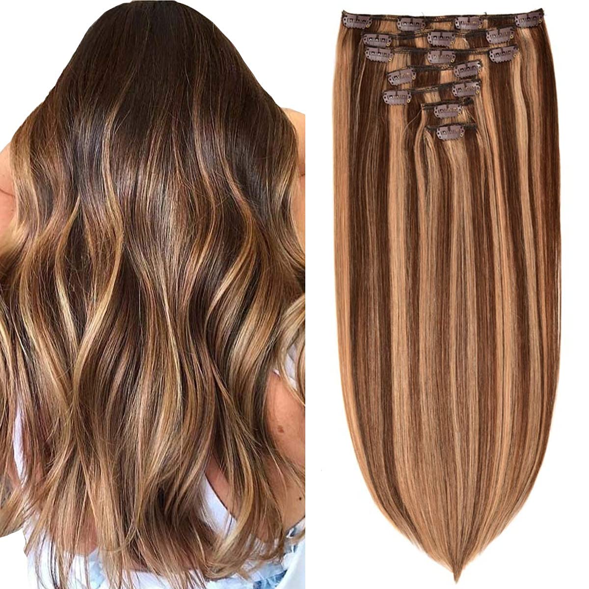 Clip in Hair Extensions 18 Inch Real Human Hair 120g 7pcs - #4/27 Chocolate Brown to Light Blonde - Thickened Straight Clip-in Extensions for Volume & Length (Perfect for Parties, Weddings & Daily Styling)