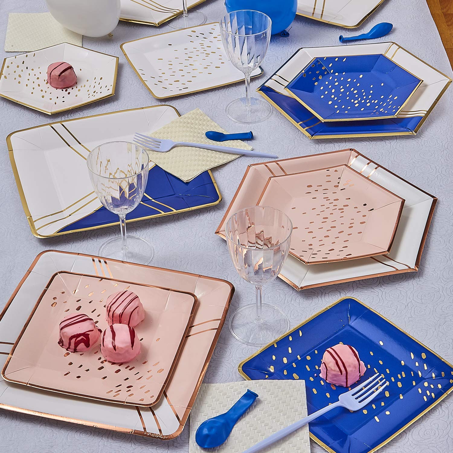Premium 7 Inch Heavy Duty Square Disposable Paper Plates - Silver Spoons Abstract Design, Rose Gold Dinnerware Set for Birthday Parties, Baby Showers, Weddings & Special Events (18-Piece, Elegant Pink) - Perfect for Desserts, Appetizers & Stylish Table Settings
