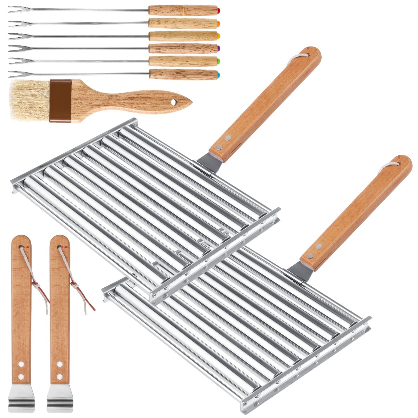 2PCS Stainless Steel Hot Dog Roller Grill with 6PCS BBQ Skewers & Sauce Brush - 9.4 x 7.1 Inch BBQ Sausage Roller Rack with Wood Handle, Perfect for Backyard Grilling, Camping, and Outdoor Barbecue Parties