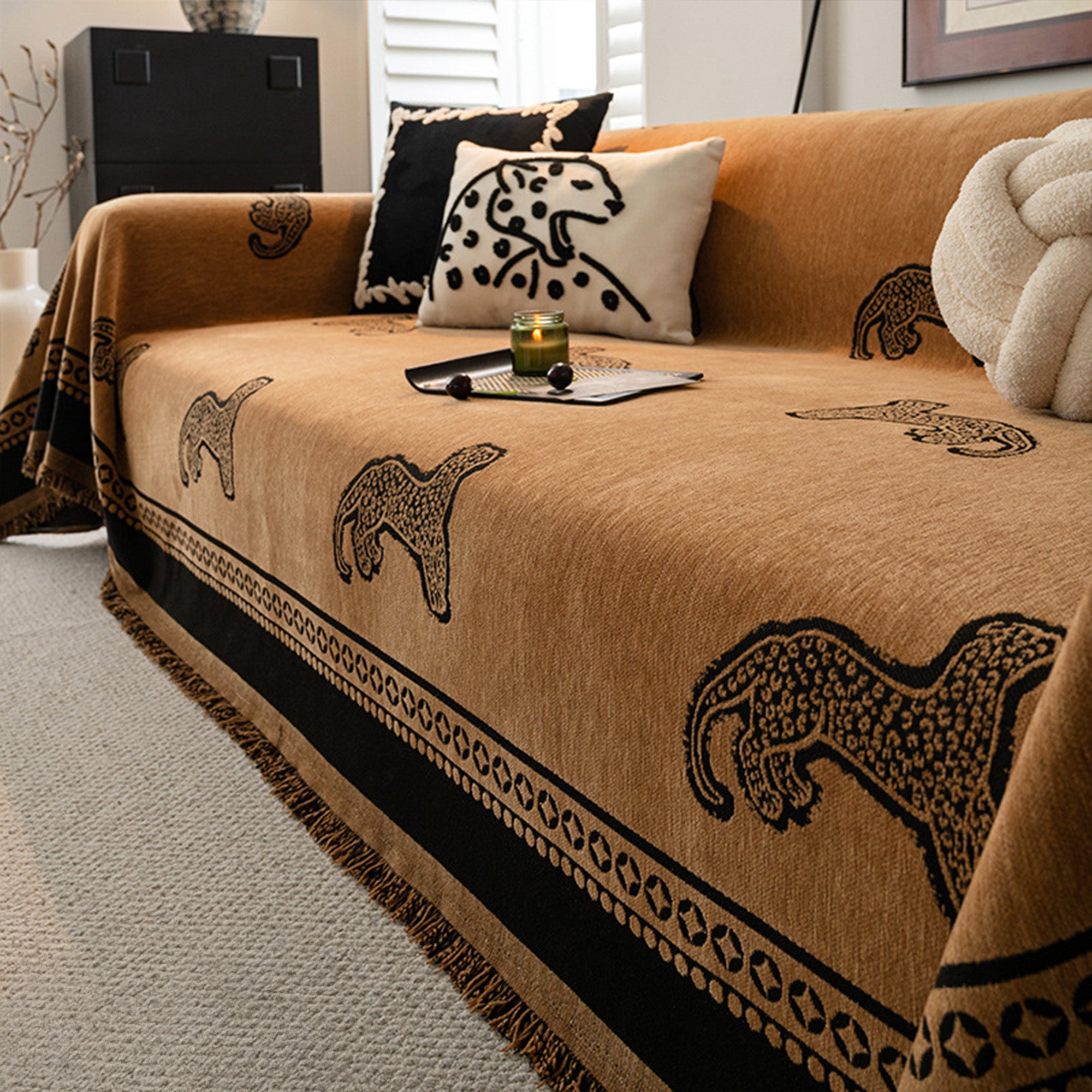 Leopard Print Chenille Sofa Cover – Scratch Resistant, Machine Washable, Soft Stretch Couch Slipcover – Perfect for Pet Owners & Living Room Protection