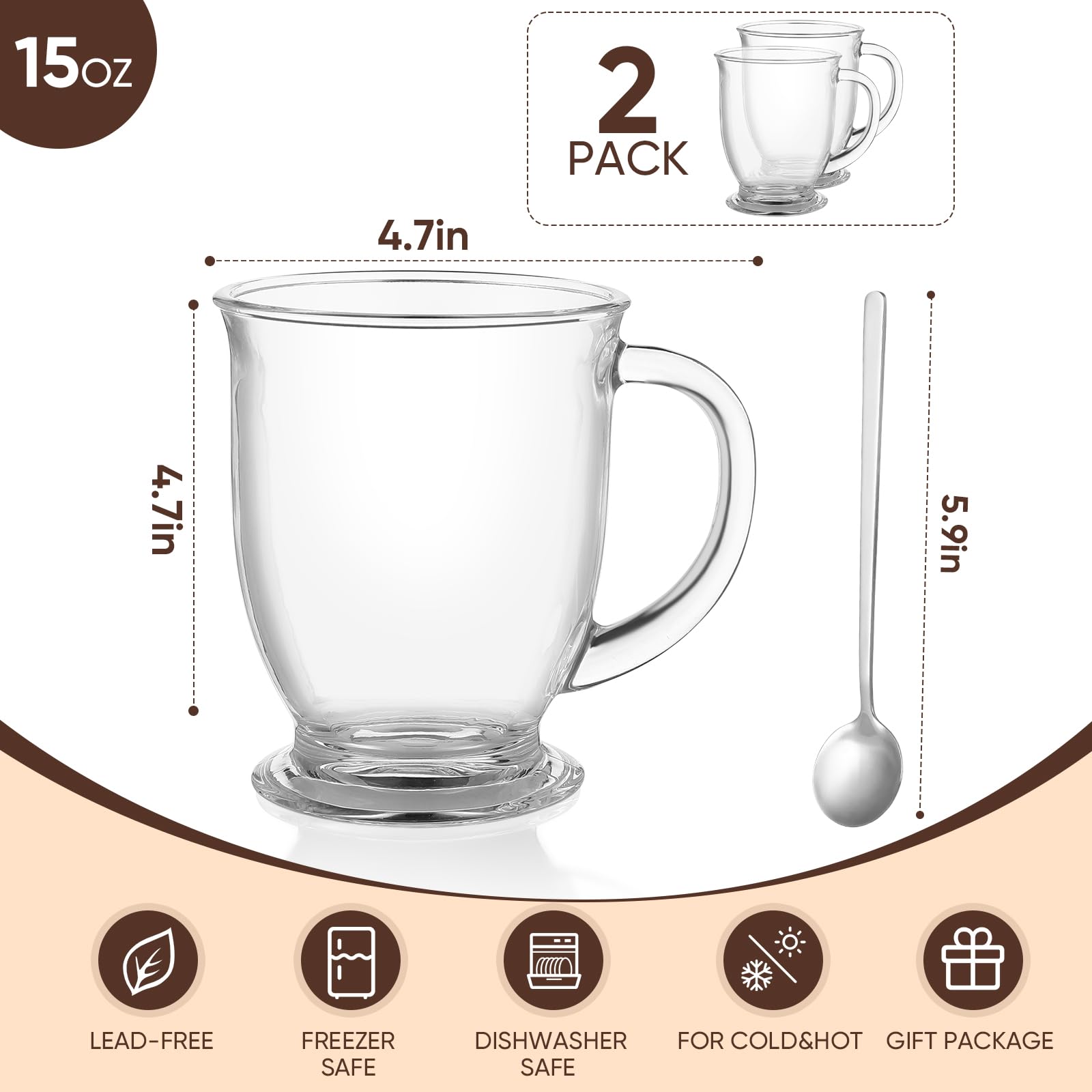 2-Pack 15oz Clear Glass Coffee Mugs with Handles - Lead-Free Drinking Cups for Cappuccino, Latte, Tea - Perfect for Home, Office & Cafe Use