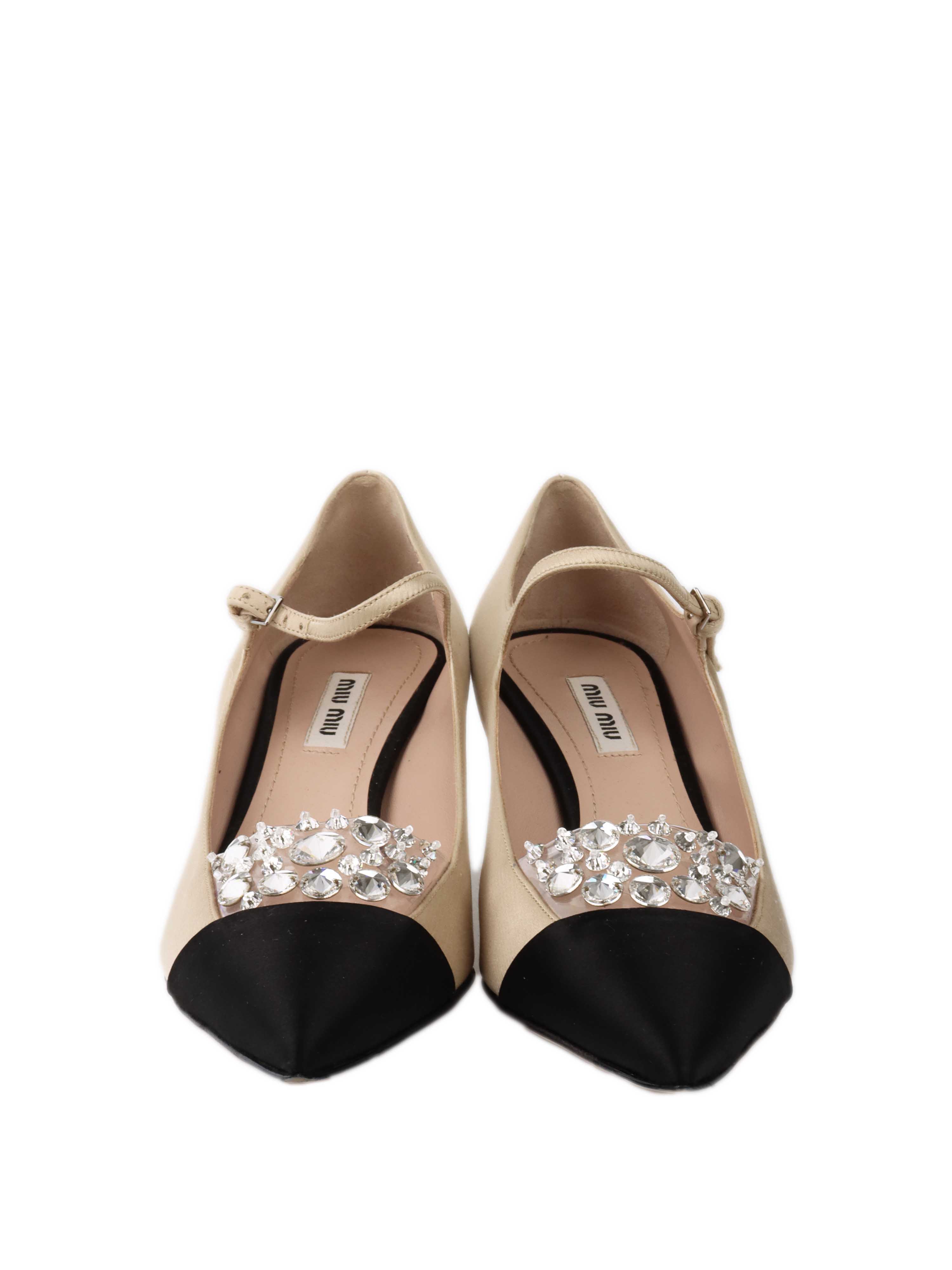 Miu Miu Champagne & Black Crystal Heels Size 35.5 - Elegant Women's Party Shoes for Weddings, Evening Events & Special Occasions
