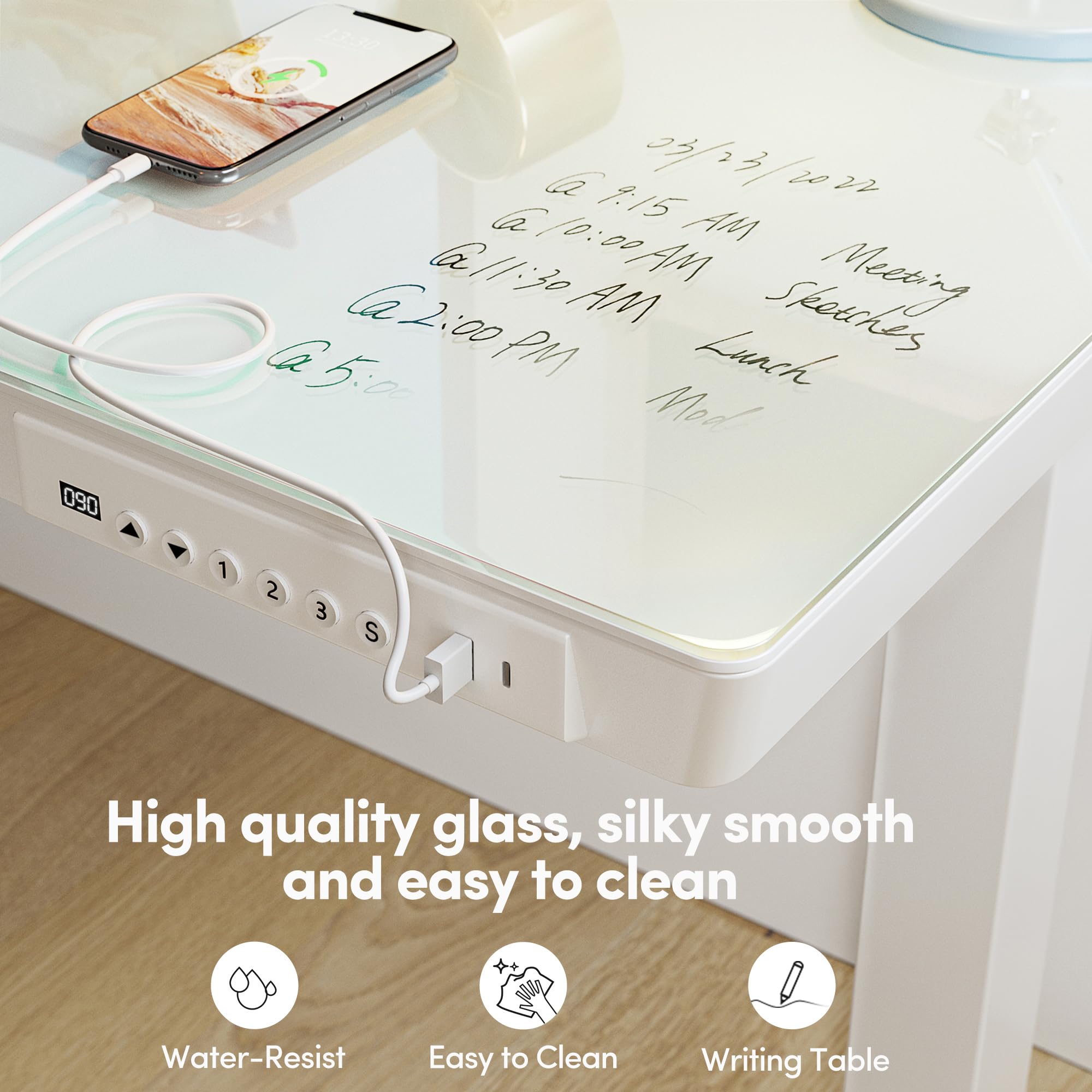 BANTI 48 Inch Electric Standing Desk with Drawers - Height Adjustable Whole-Piece Glass Desktop Ergonomic Workstation for Home Office (White) | Perfect for Remote Work, Gaming Setup & Study Space