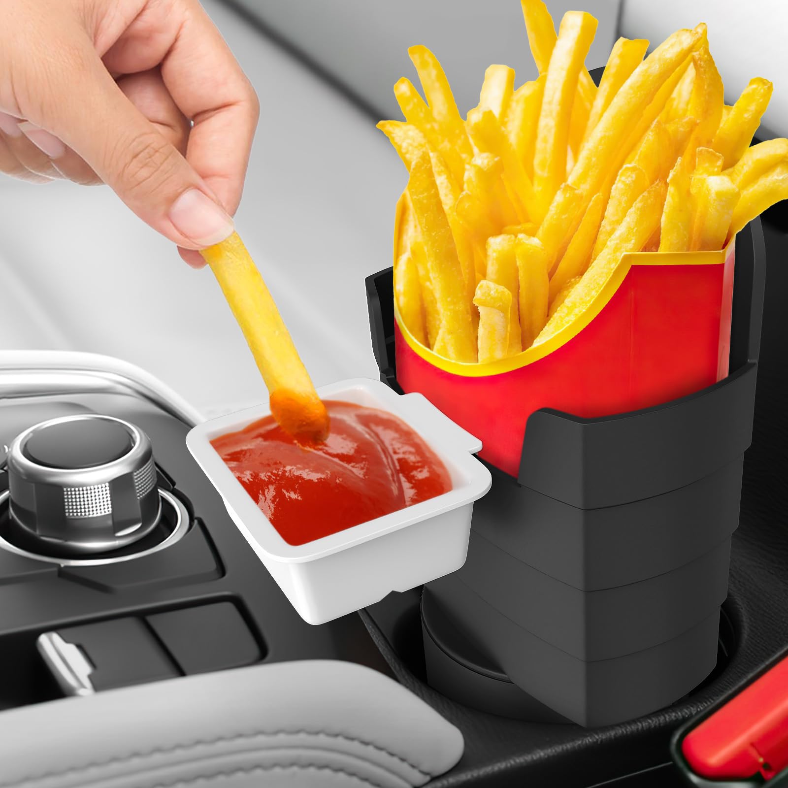 2-Pack Car French Fry Holder with Dipping Sauce Cup - Portable Condiment Holder for Ketchup, Mustard & Sauces - Perfect for Road Trips, Fast Food & Car Snacks