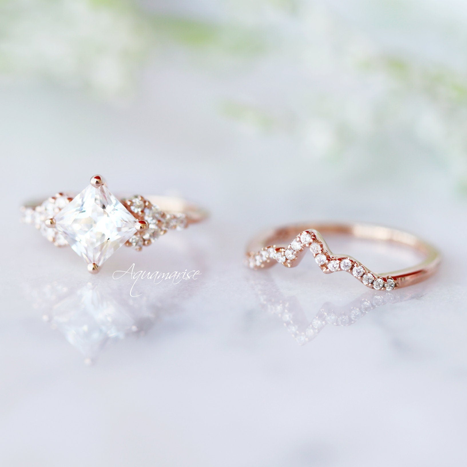 Ellie Princess Cut Lab Grown Diamond Engagement Ring Set - 14K Solid Rose Gold Wedding Band (IGI Certified) | Perfect for Proposals, Anniversaries & Bridal Jewelry