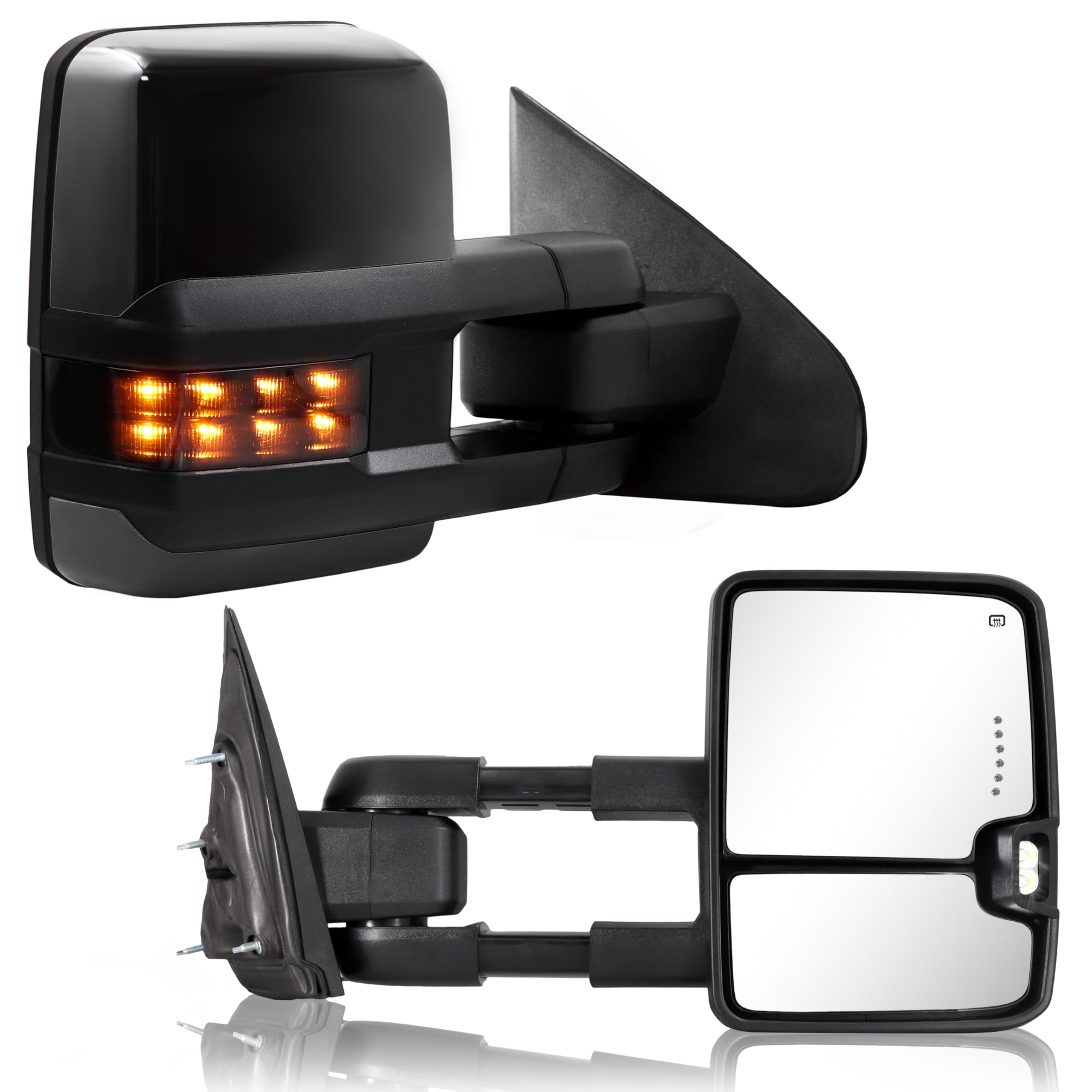 Heated Power-Adjustable Towing Mirrors for 2014-2018 Chevy Silverado & GMC Sierra 1500/2500/3500 HD - Black Painted with Turn Signal Lights (Model 8555) - Perfect for Towing Trailers, Campers & Heavy Loads