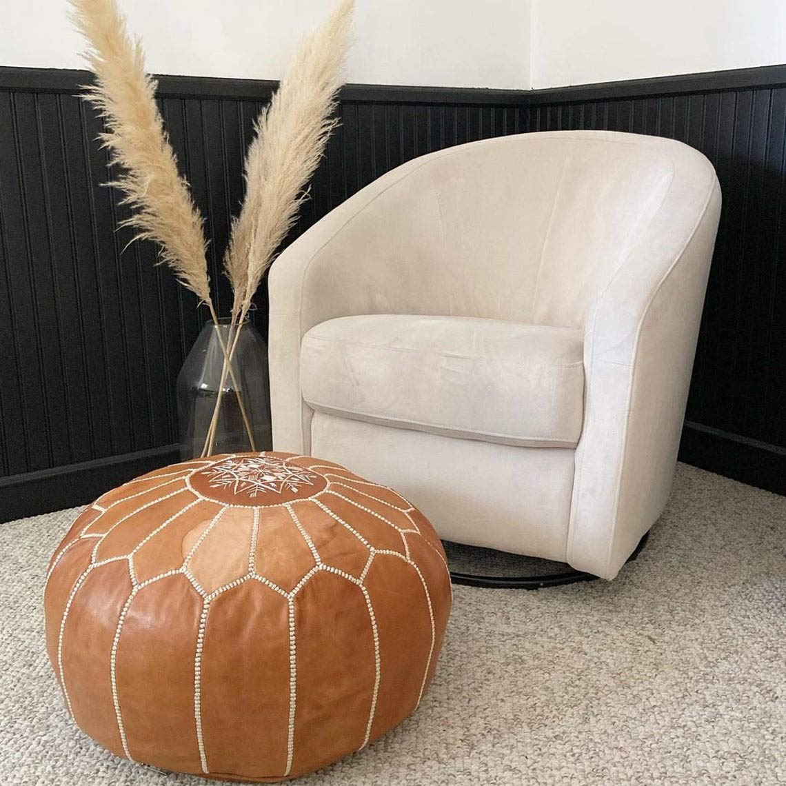 LEATHEROOZE White Stitching Unstuffed Round Leather Pouf Ottoman - Moroccan Boho Footrest, Bean Bag Chair Cover for Living Room, Bedroom Decor - Perfect Housewarming & Wedding Gift for Home Decoration