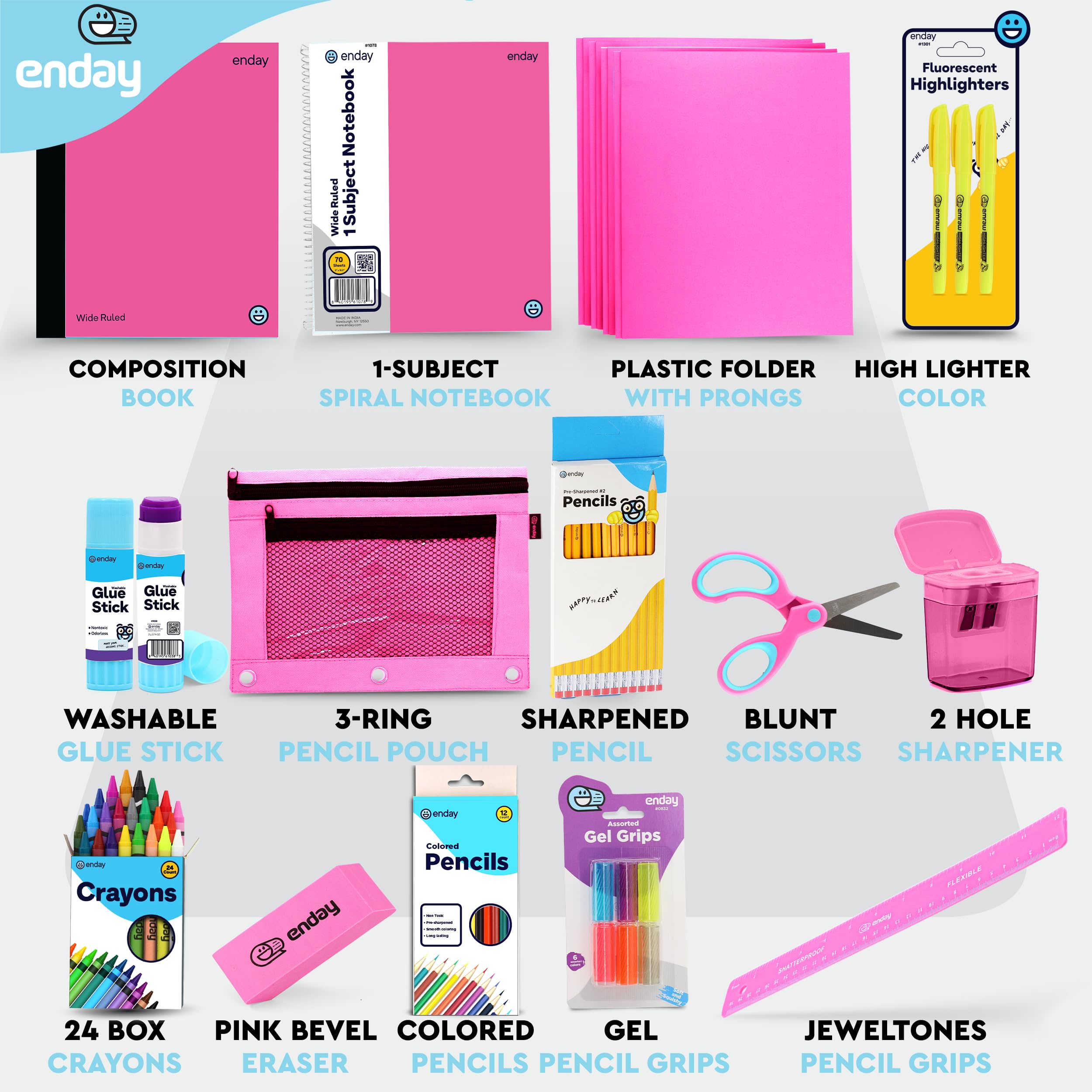 Enday Premium 71-Piece Back to School Supplies Kit for Kids - Pink School Supply Box for Grades K-5, High-Quality Classroom Essentials for Boys & Girls - Perfect for Kindergarten, Homeschooling & Classroom Organization