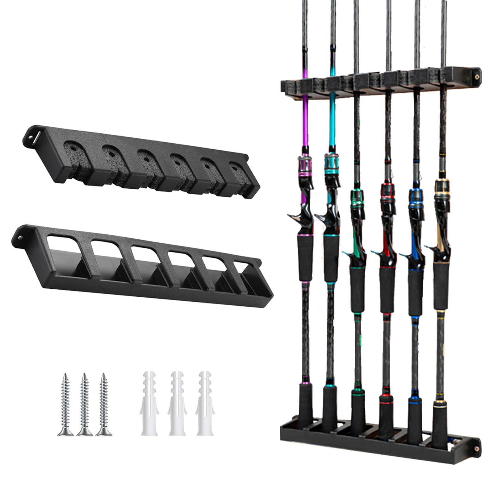 Vertical Wall-Mounted Fishing Rod Holder Rack - Organize 6 Rods & Combos in Garage - Universal Fit for Most Fishing Pole Diameters - Space-Saving Black Storage Solution (1 Pair) - Perfect for Anglers, Boat Storage & Home Organization