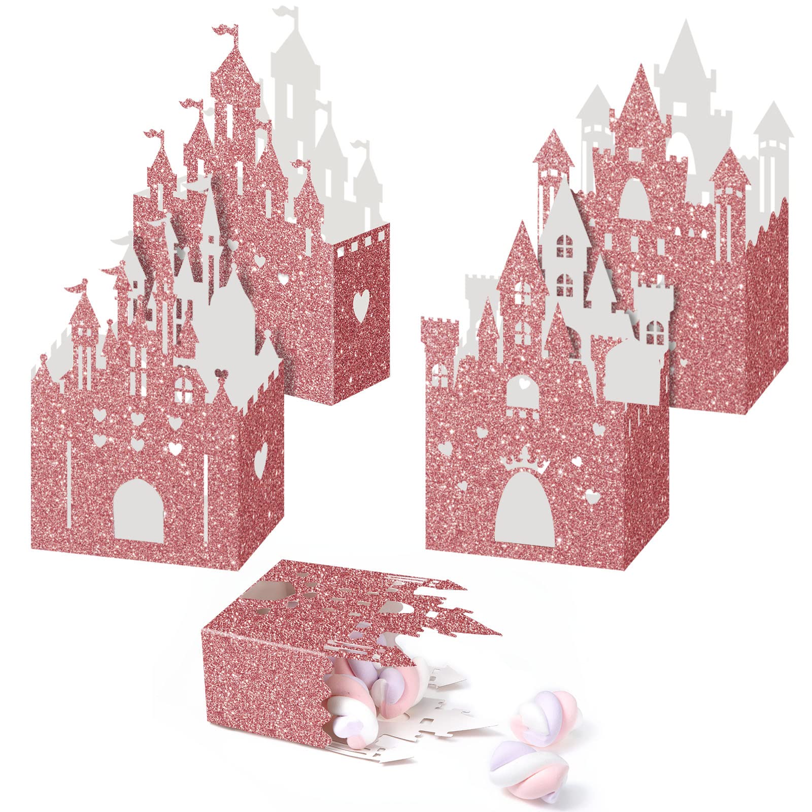 24-Piece Glitter Rose Gold Princess Castle Candy Boxes - Elegant Wedding & Birthday Party Favors, Decorations for Princess Themed Celebrations, Baby Showers, Bridal Showers, and Special Events