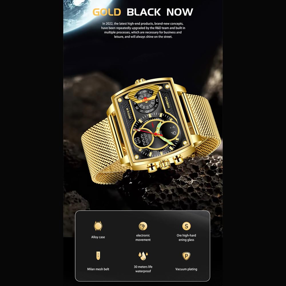 Luxury Men's Square Dial Digital Analog Quartz Wristwatch - Waterproof Luminous Dual Display Business Watch for Boys & Men | Perfect for Office, Formal Events & Everyday Wear