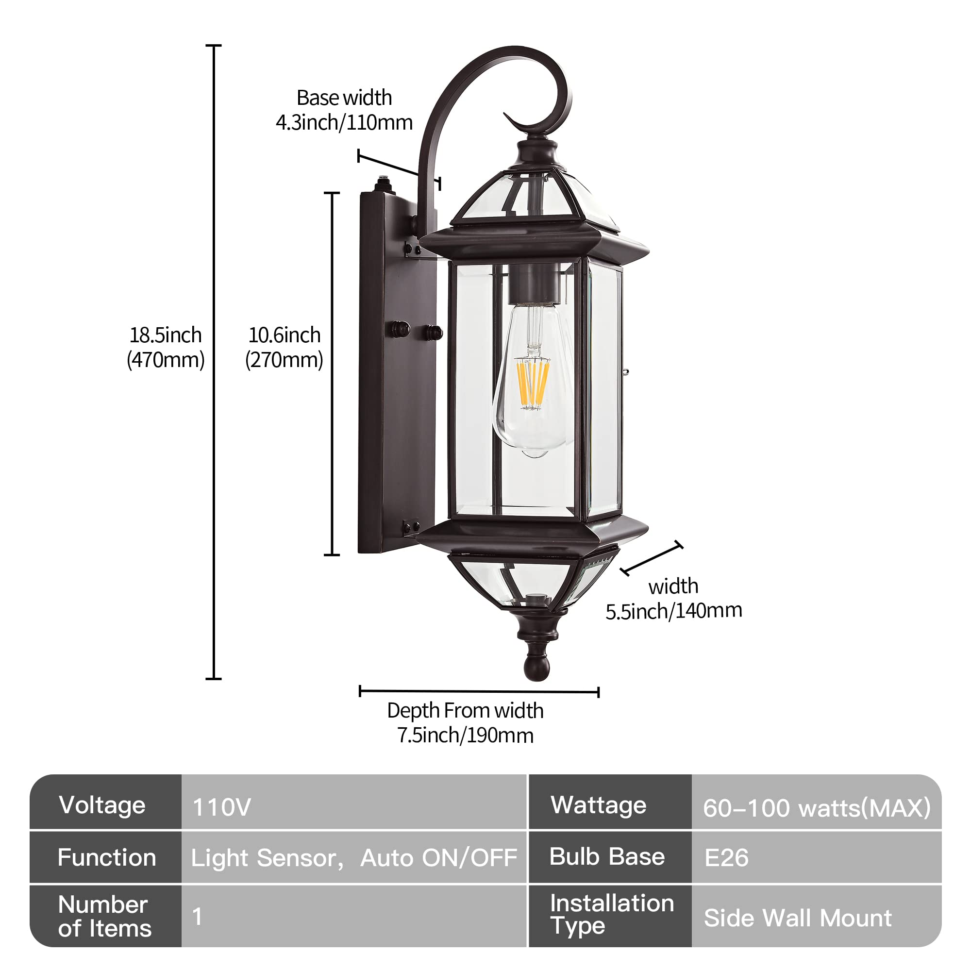 18.5'' Copper Dusk to Dawn Outdoor Wall Light Fixture - Oil Rubbed Bronze Exterior Porch Light with E26 Socket (1 Pack) | Perfect for House, Garage, Patio & Outdoor Wall Mount Lighting